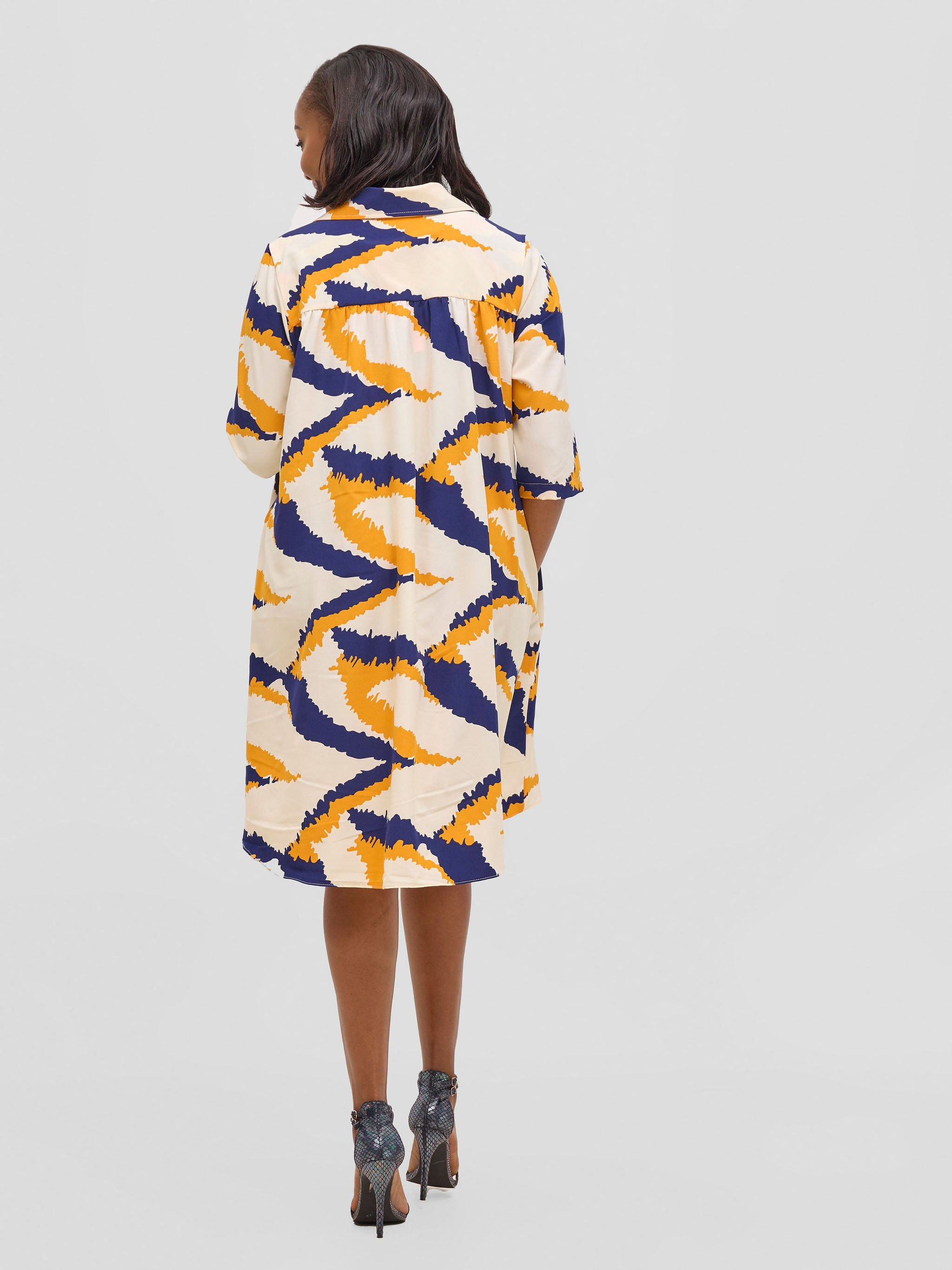 Vivo Reba Hi Low Dress - Yellow / Navy Print