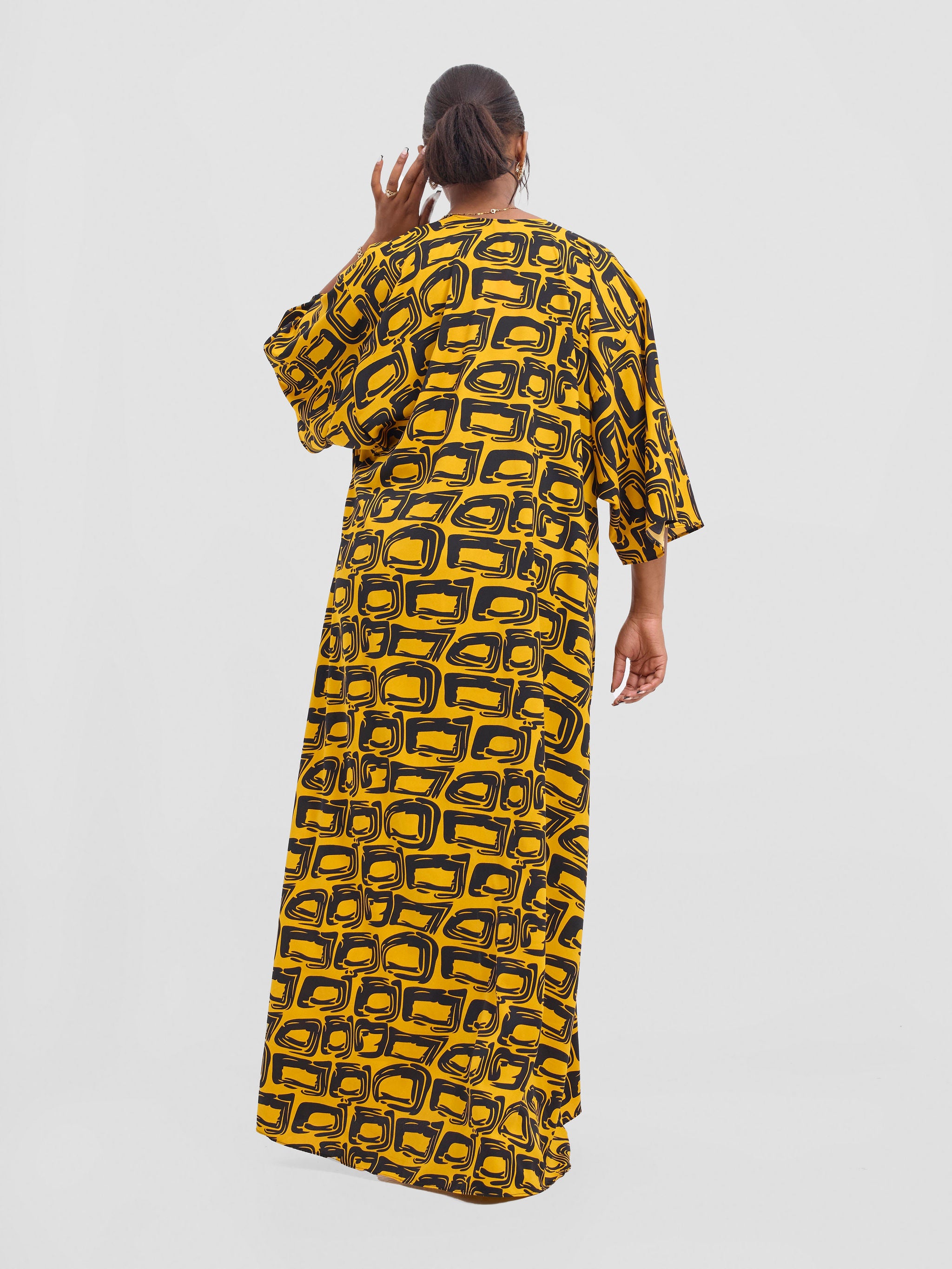 Vivo Alek 3/4 sleeve A-Line Kimono - Mustard / Black Umbo Print
