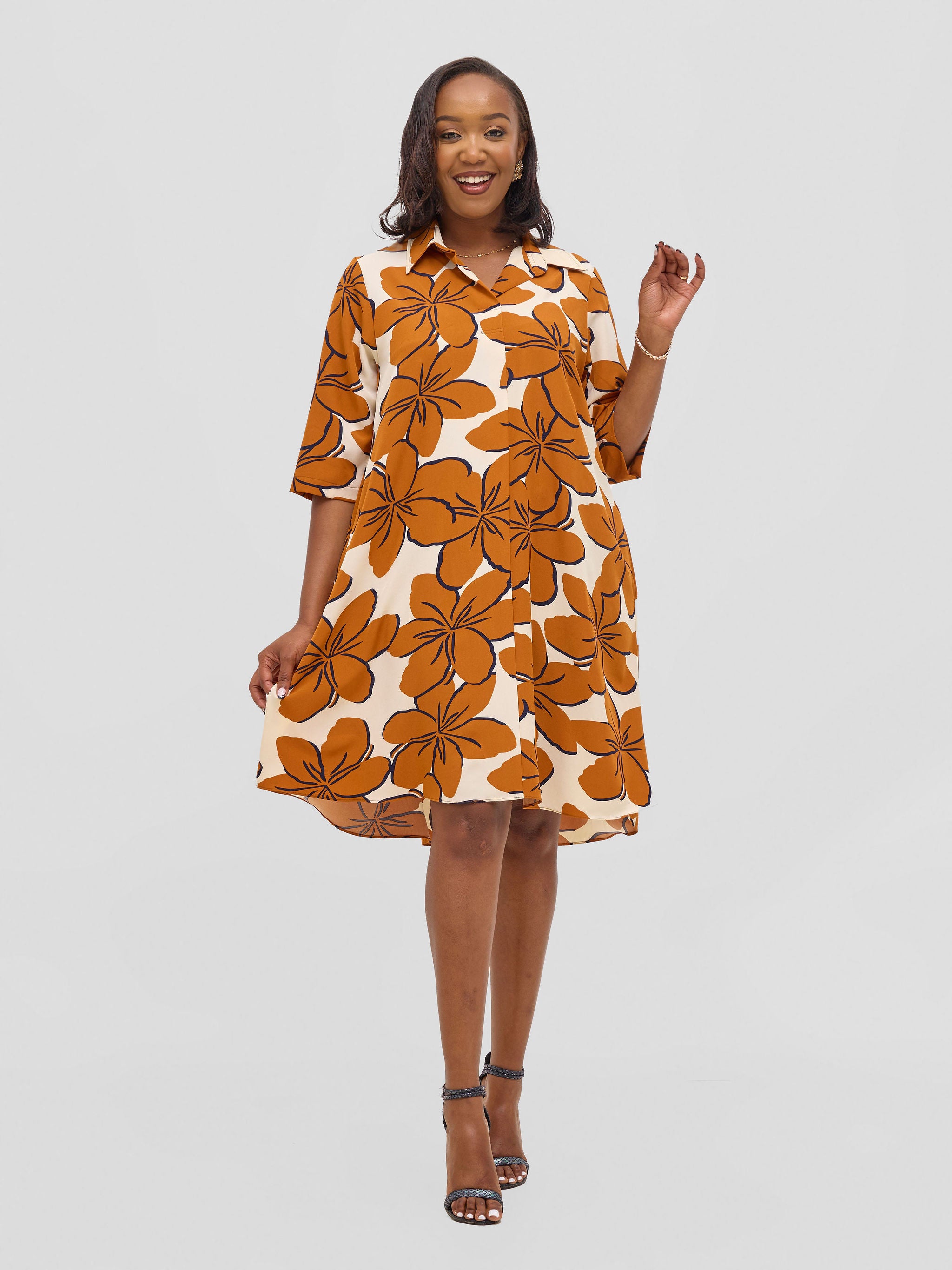 Vivo Reba Hi Low Dress - Rust / Cream Print