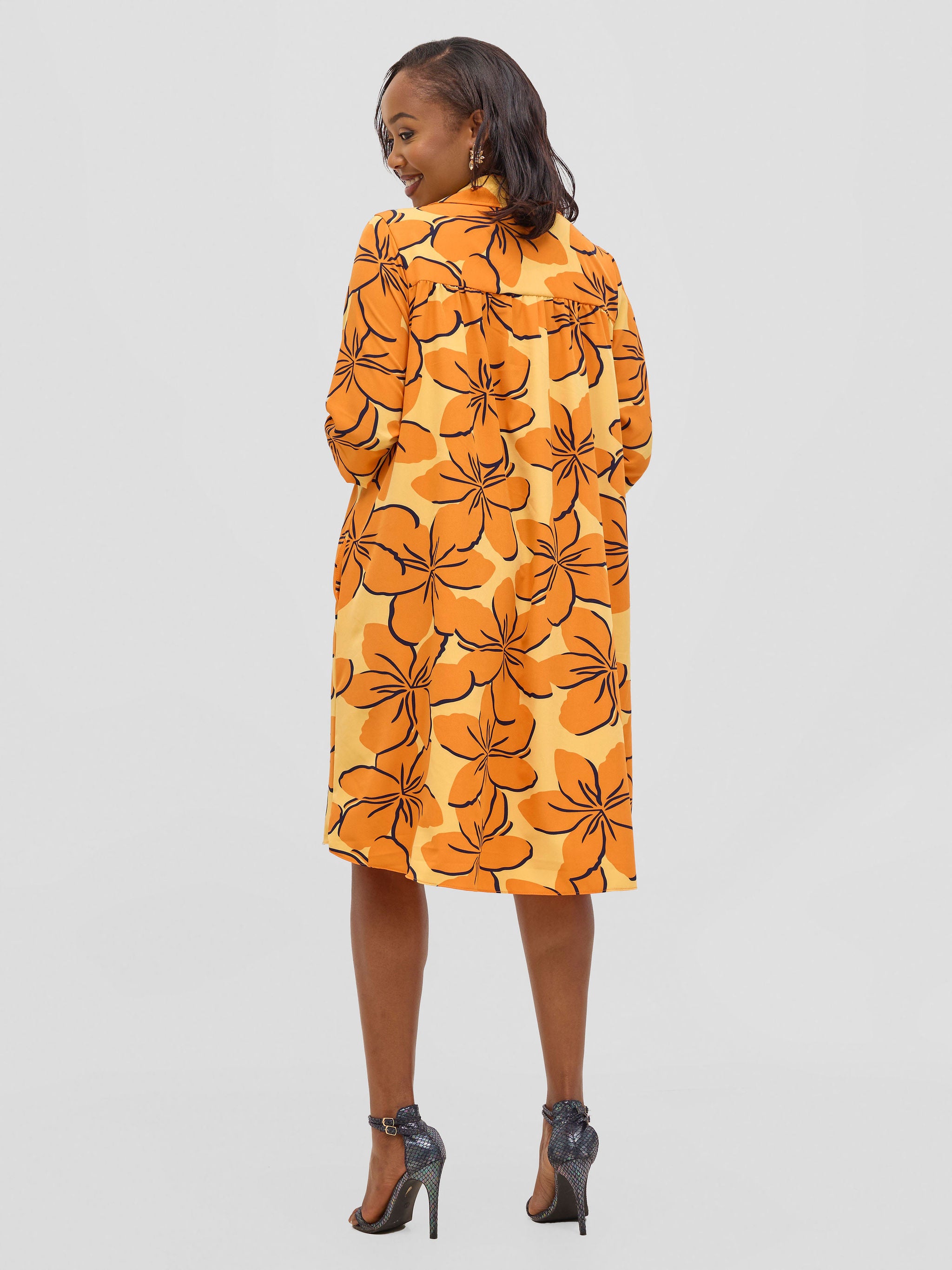 Vivo Reba Hi Low Dress - Orange / Navy Print