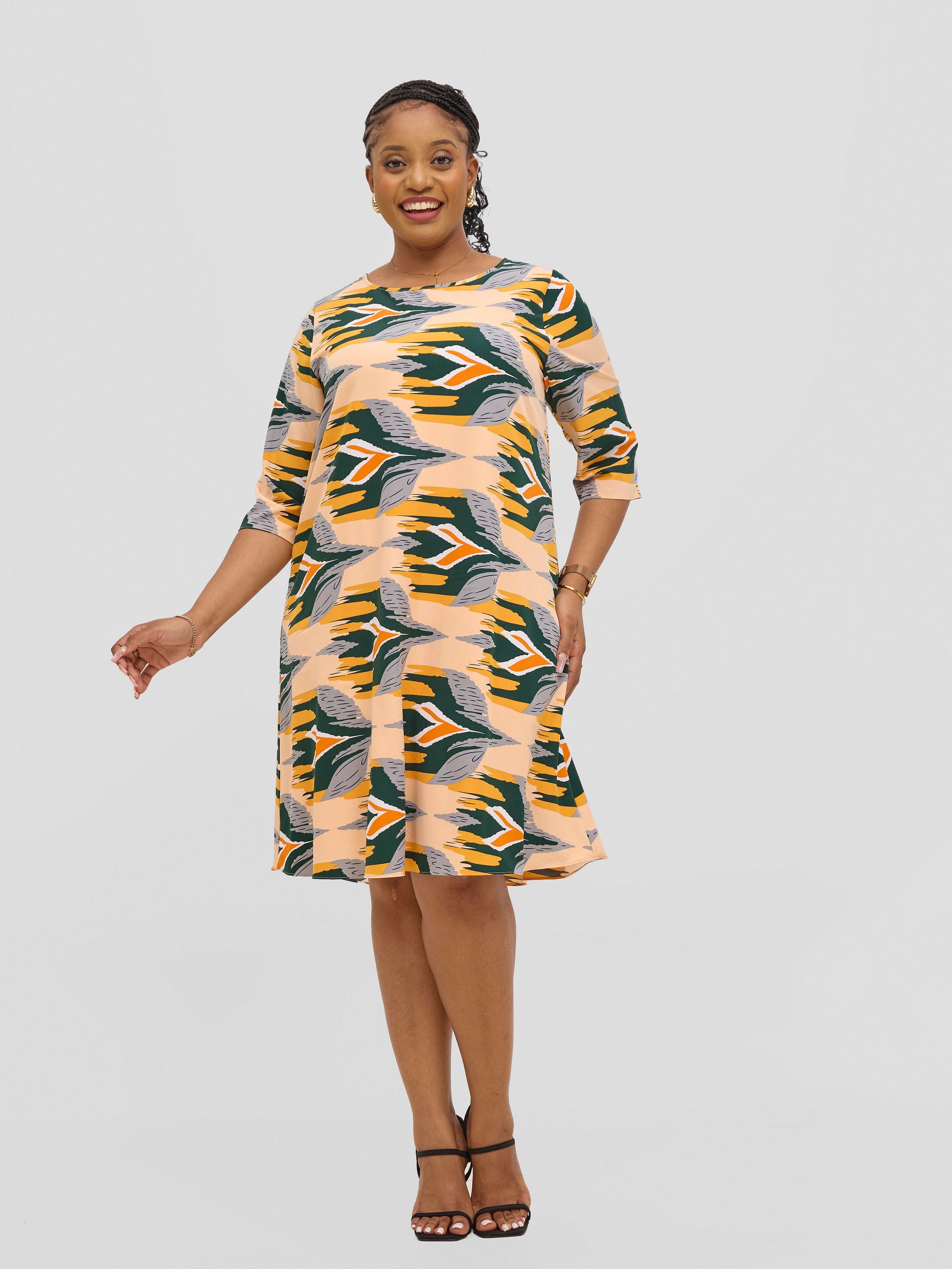 Vivo Ayo Tent Dress - Mustard / Green Print