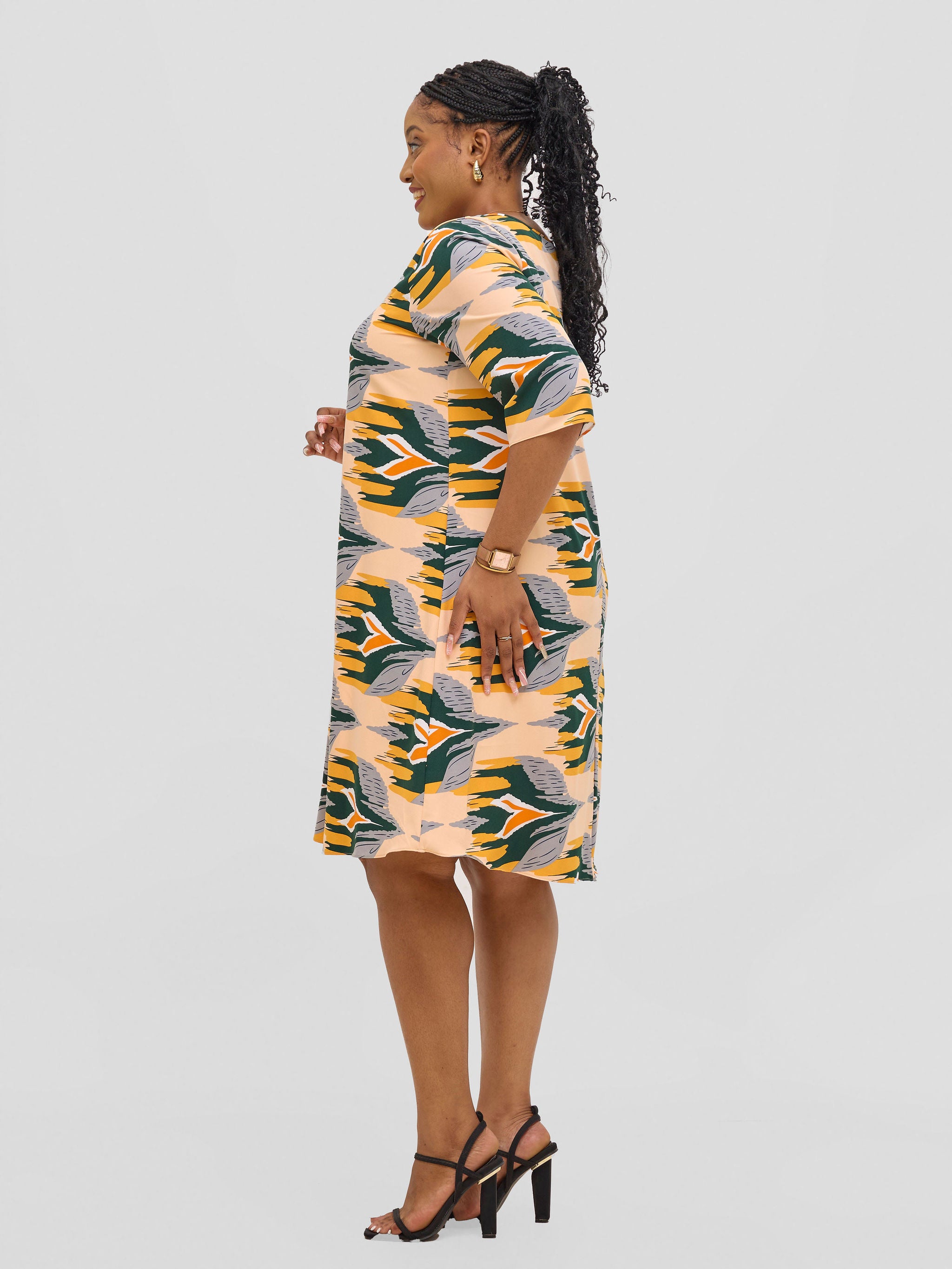 Vivo Ayo Tent Dress - Mustard / Green Print