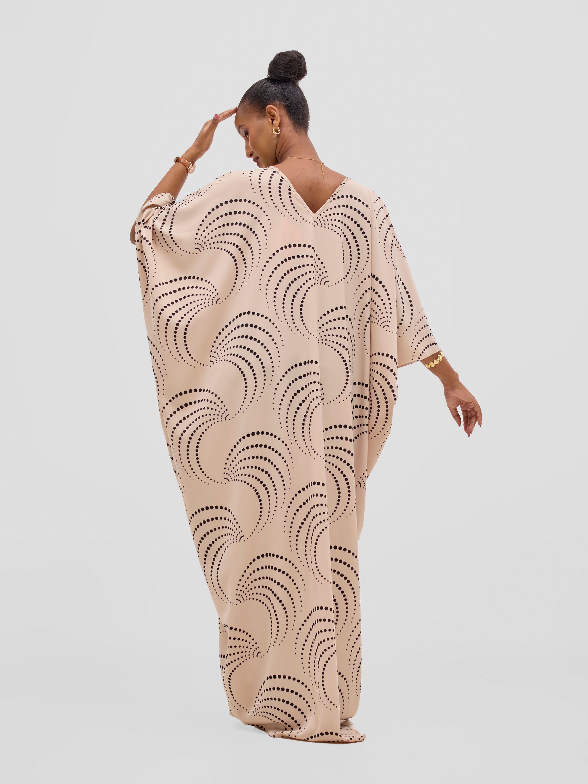 Vivo Ayla Maxi Kaftan Dress - Beige / Black Sinka Print