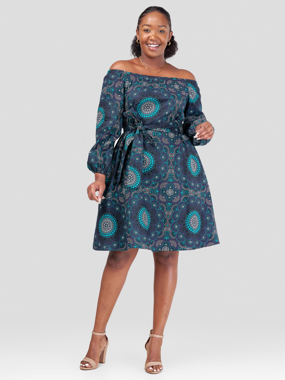 Vivo Kitenge Off Shoulder Knee Length Dress Green Purple