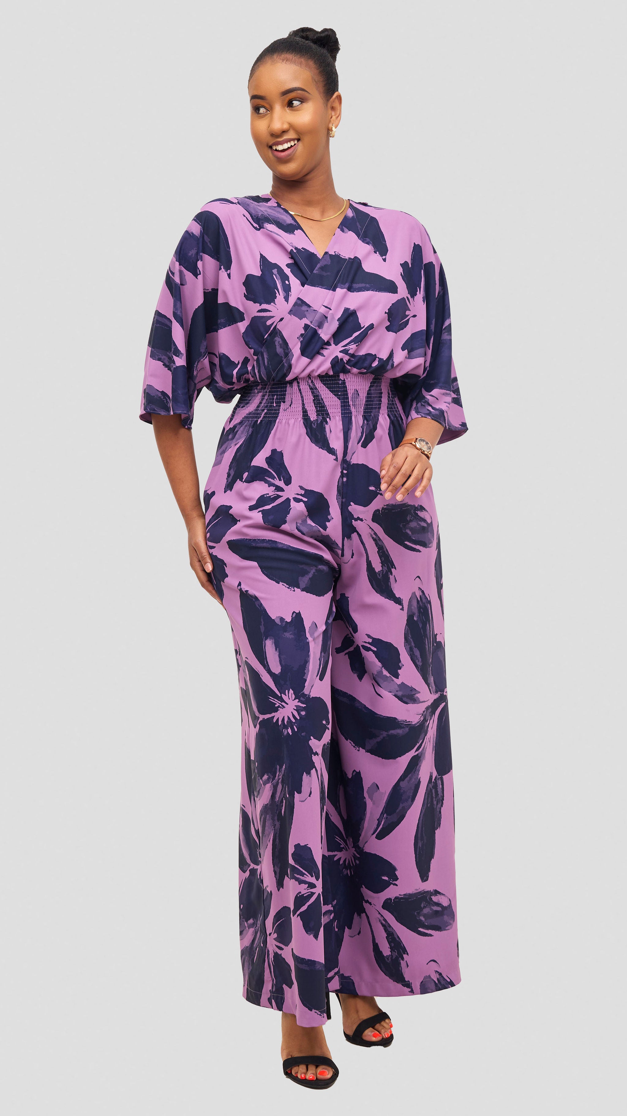 Vivo Iyana Shirred Waist Jumpsuit - Pastel Purple / Navy Iya Print