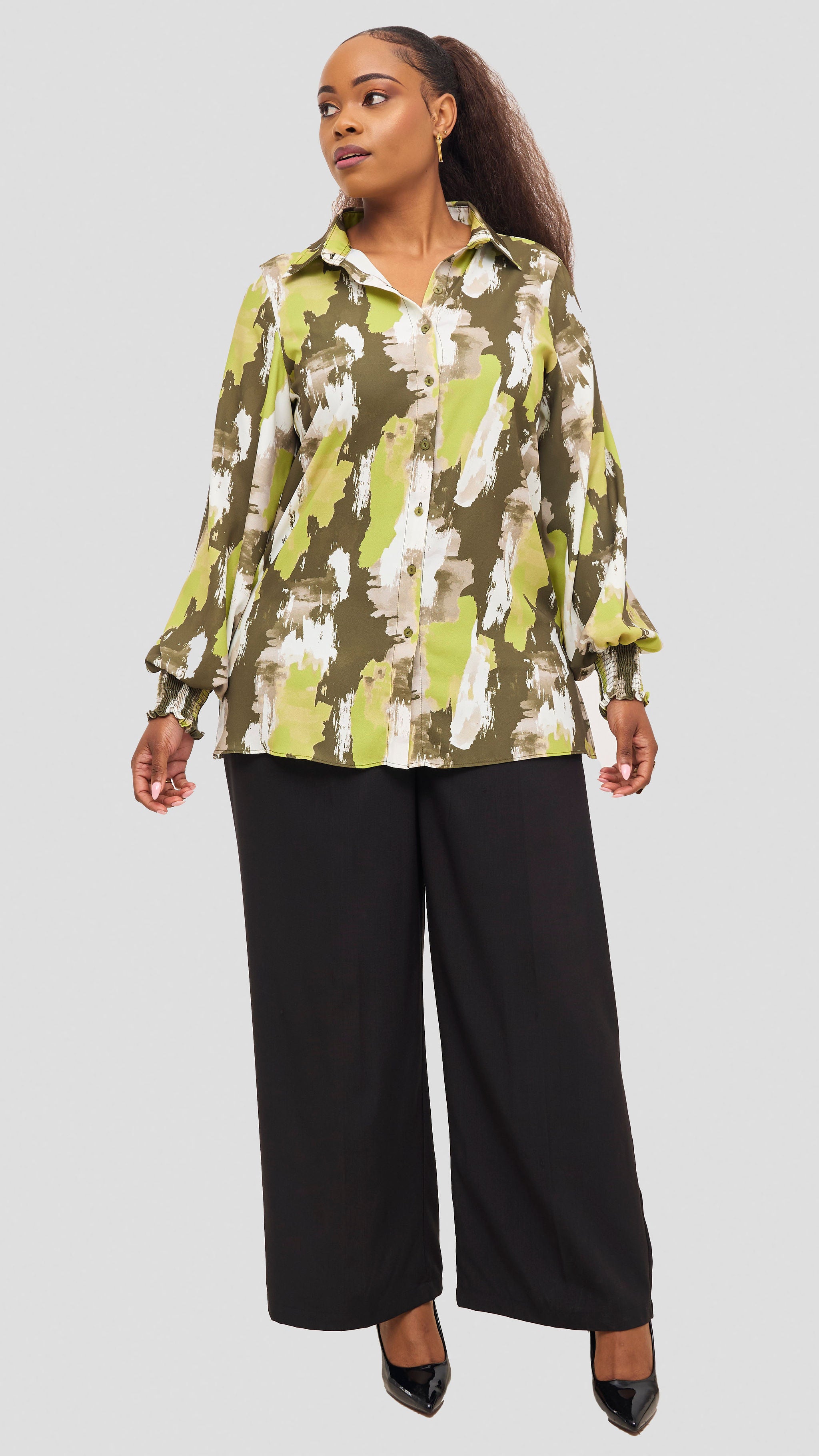 Vivo Wastani Shirred Sleeve Easy Fit Shirt - Lime / Hunters Marra Print