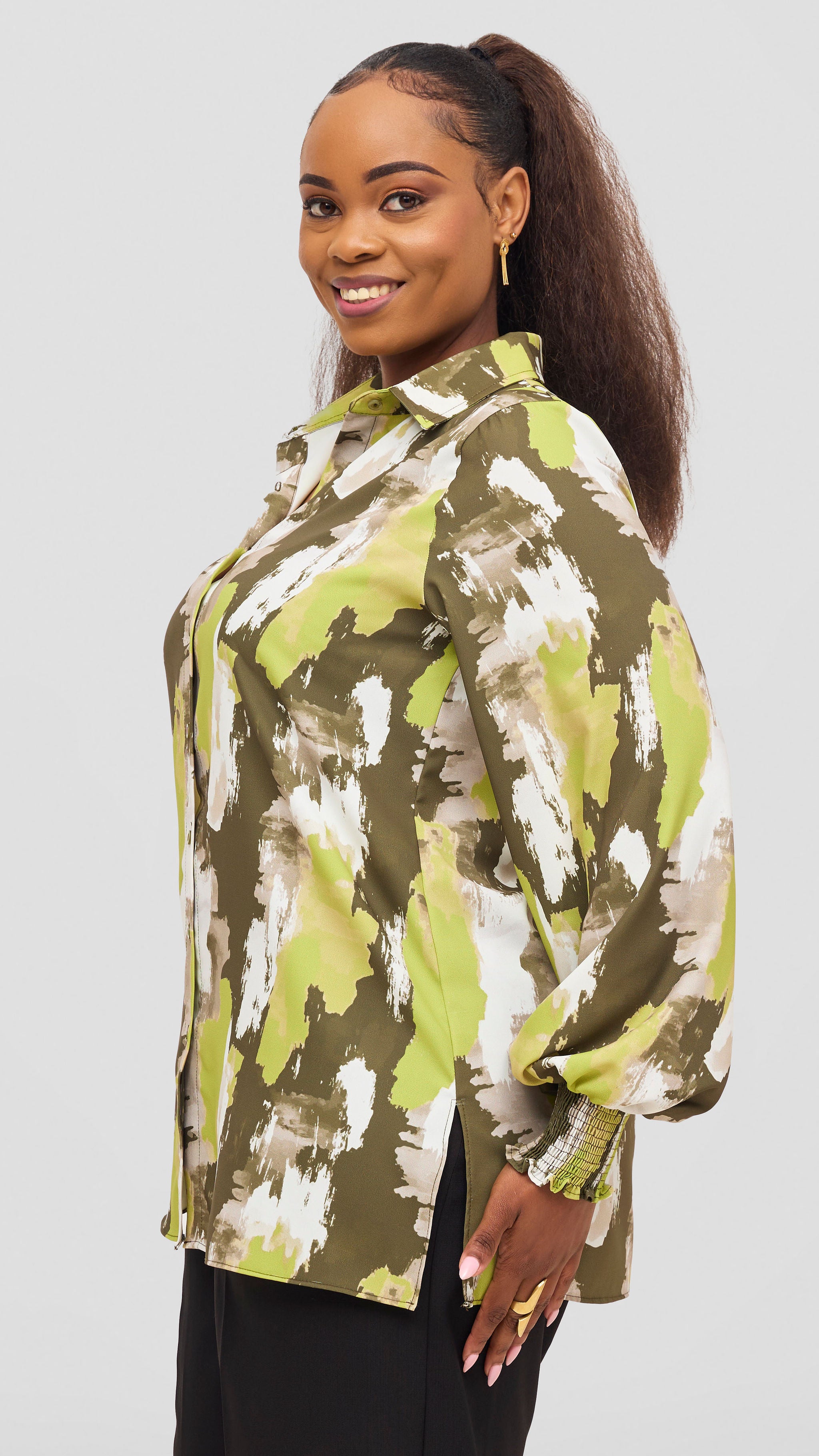 Vivo Wastani Shirred Sleeve Easy Fit Shirt - Lime / Hunters Marra Print