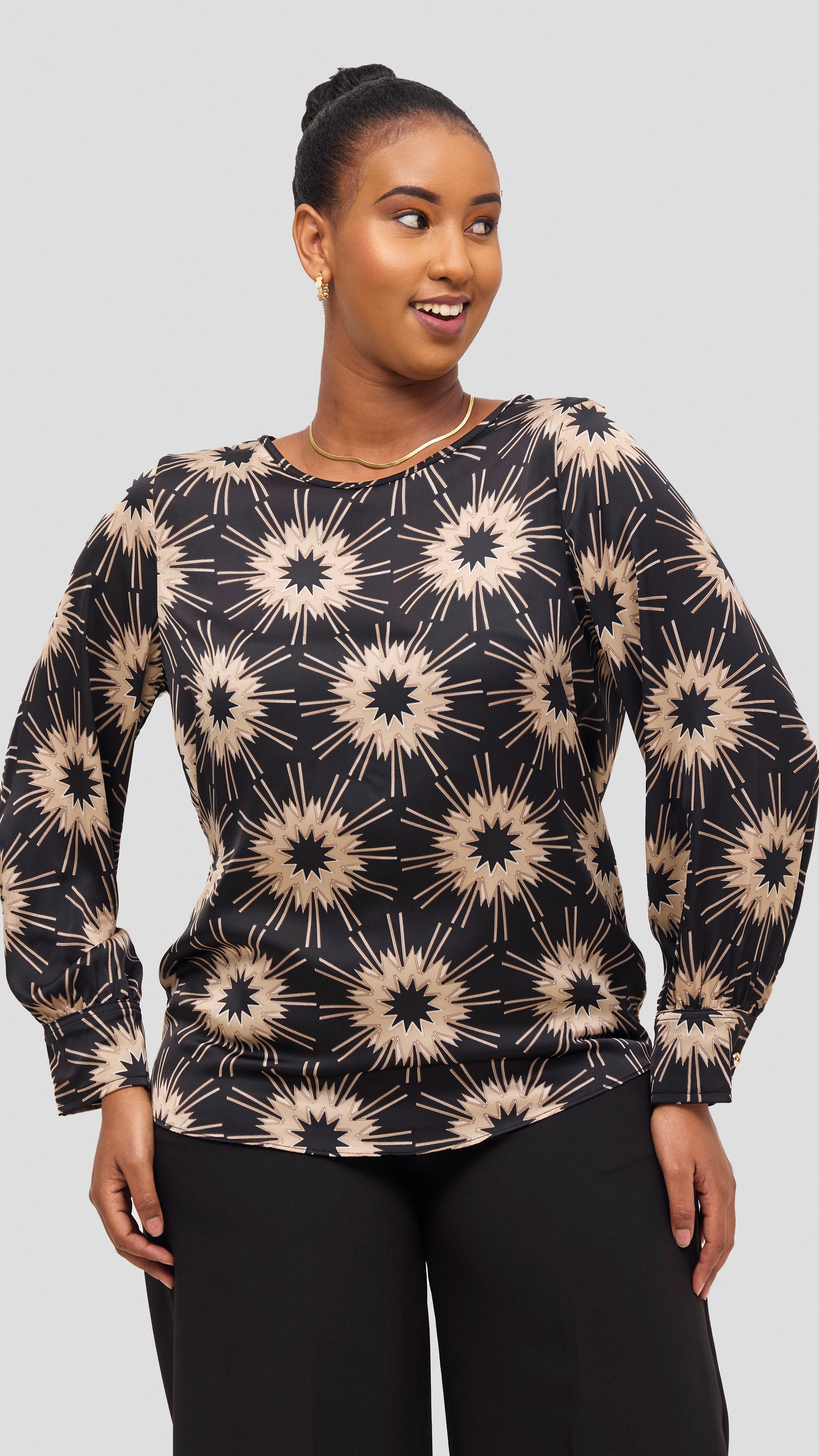 Vivo Tatili Bishop Long Sleeve Top - Beige / Black Print