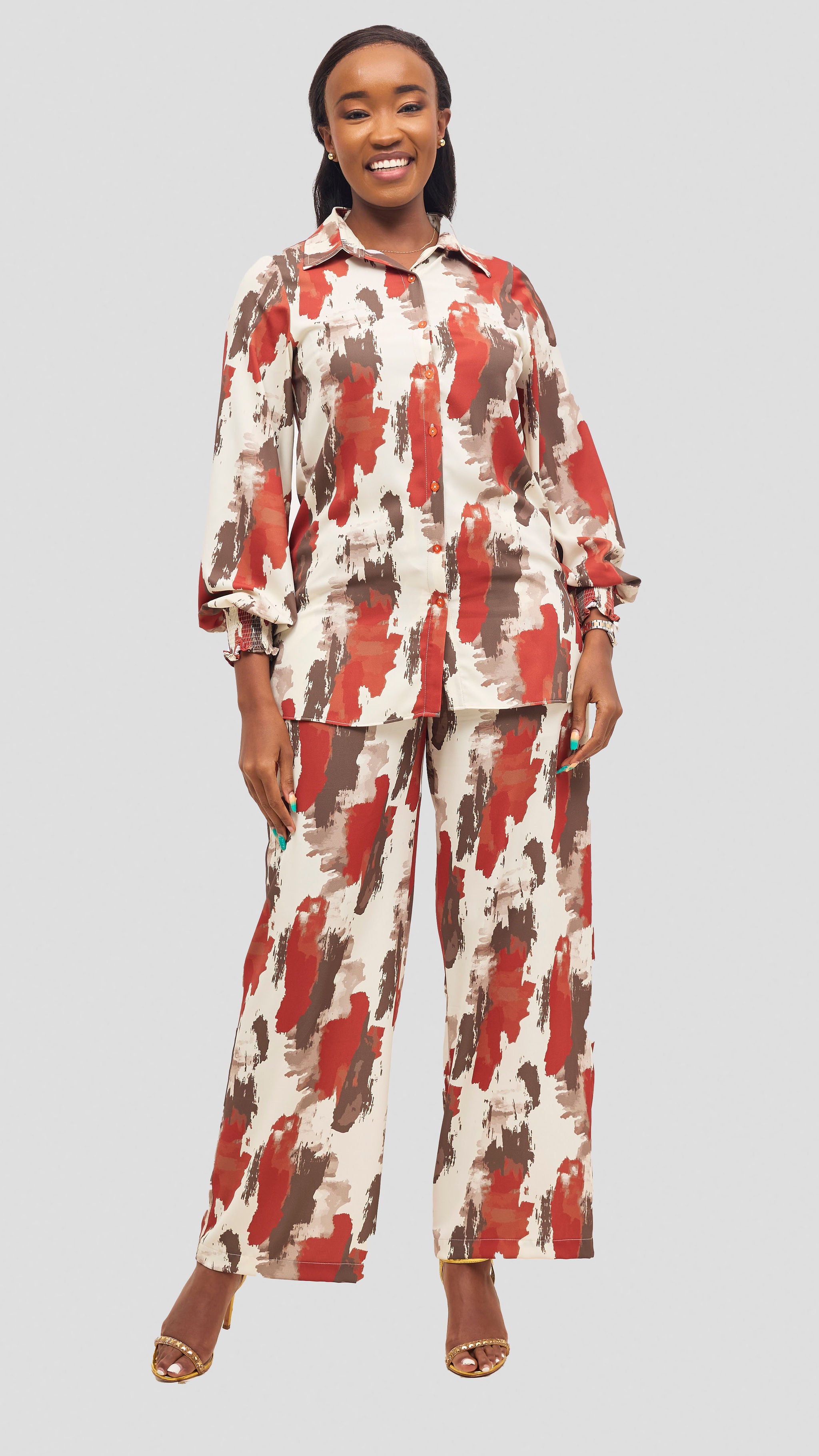 Vivo Wastani Shirred Sleeve Easy Fit Shirt - Rust / Brown Marra Print