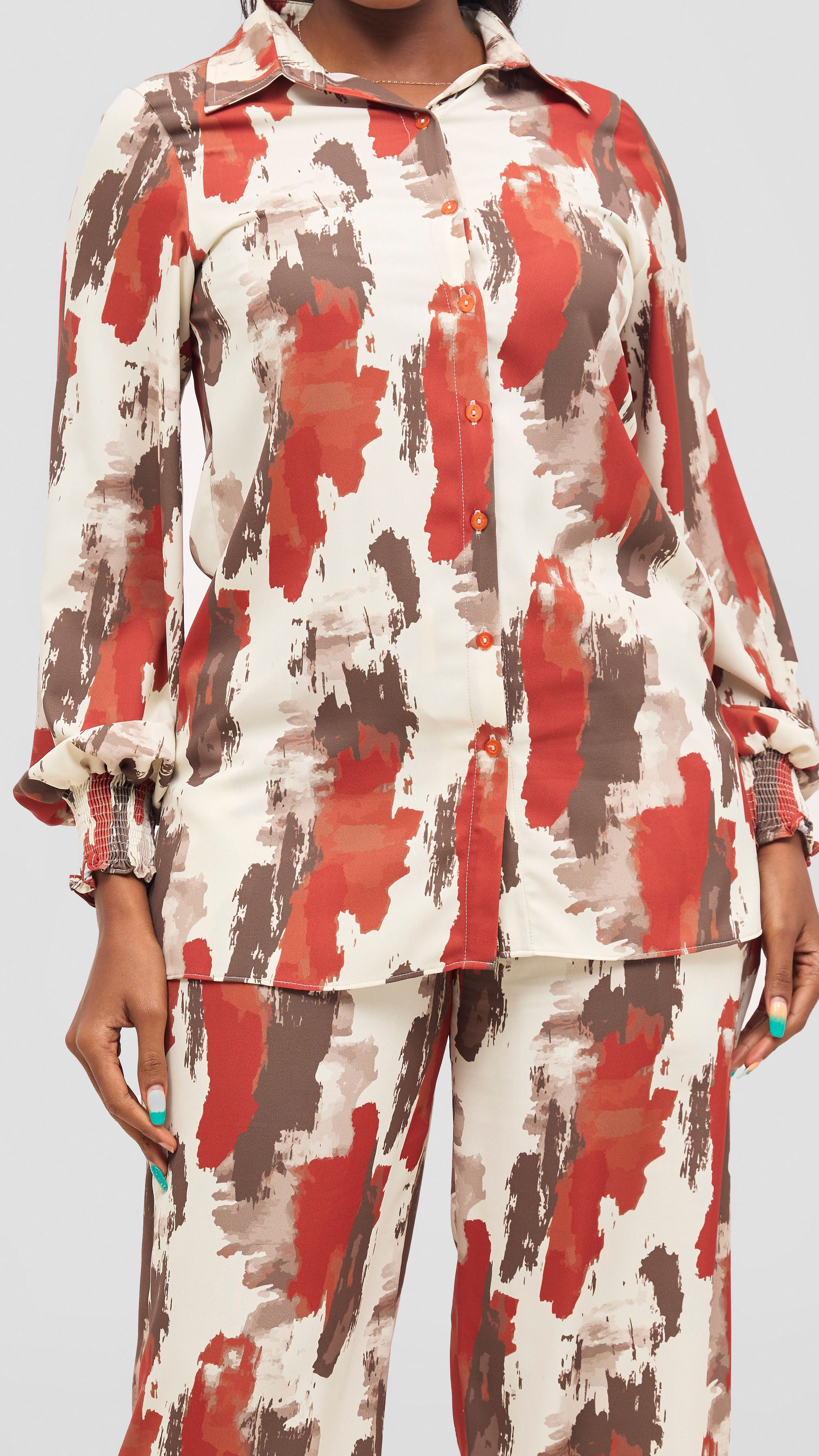 Vivo Wastani Shirred Sleeve Easy Fit Shirt - Rust / Brown Marra Print