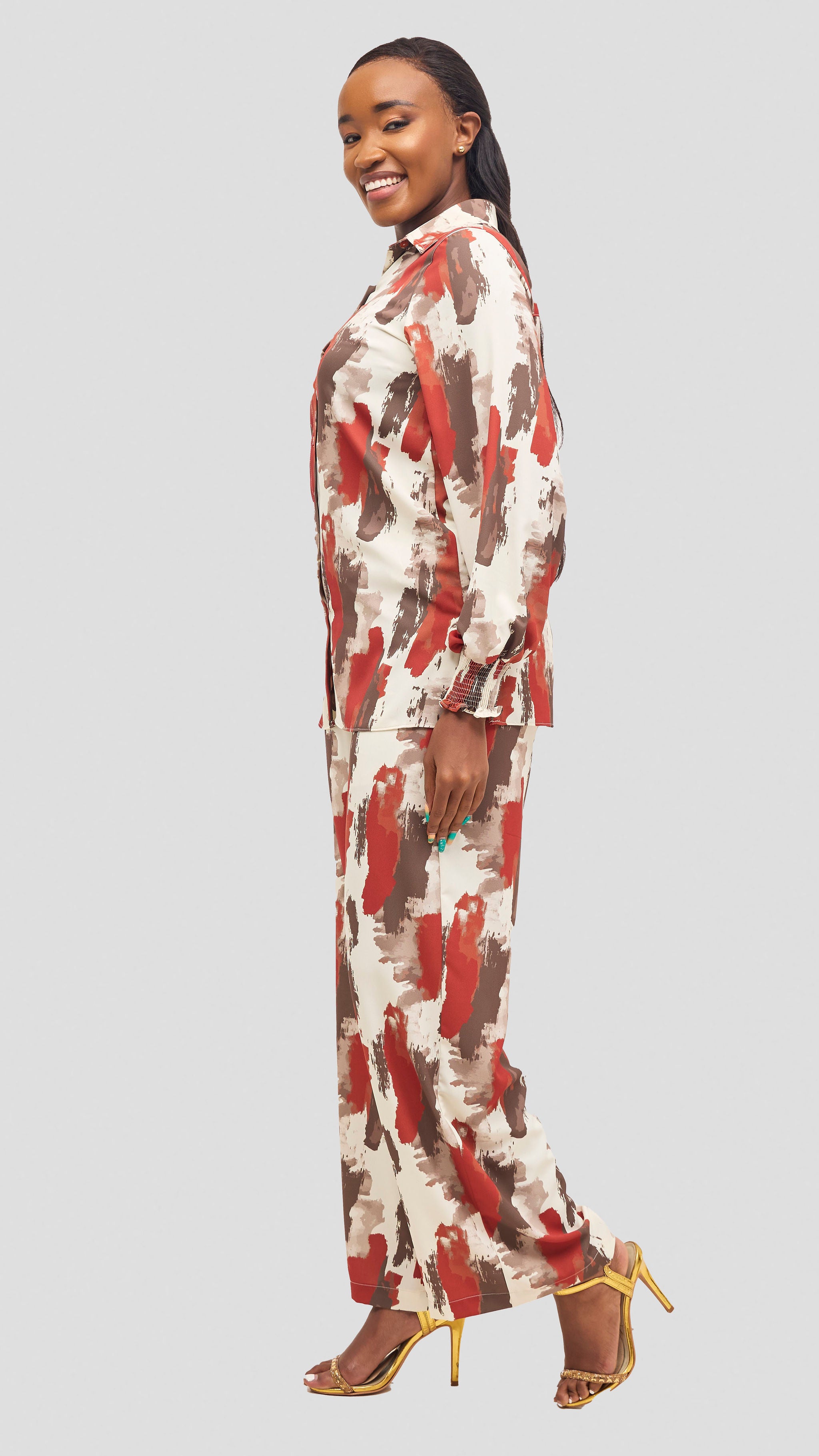 Vivo Wastani Shirred Sleeve Easy Fit Shirt - Rust / Brown Marra Print