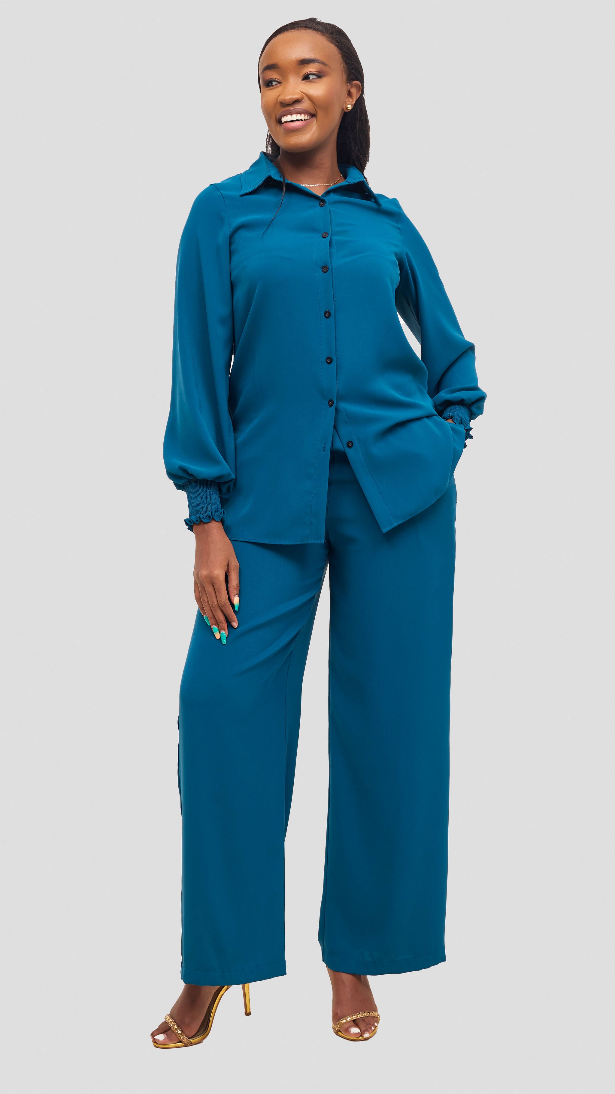 Vivo Wastani Shirred Sleeve Easy Fit Shirt - Teal