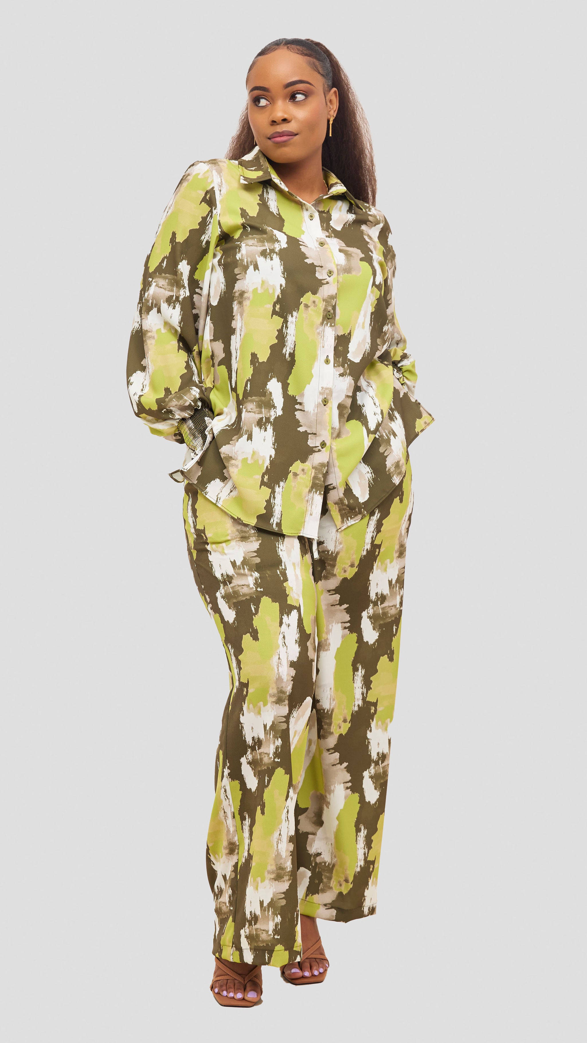 Vivo Wastani Shirred Sleeve Easy Fit Shirt - Lime / Hunters Marra Print