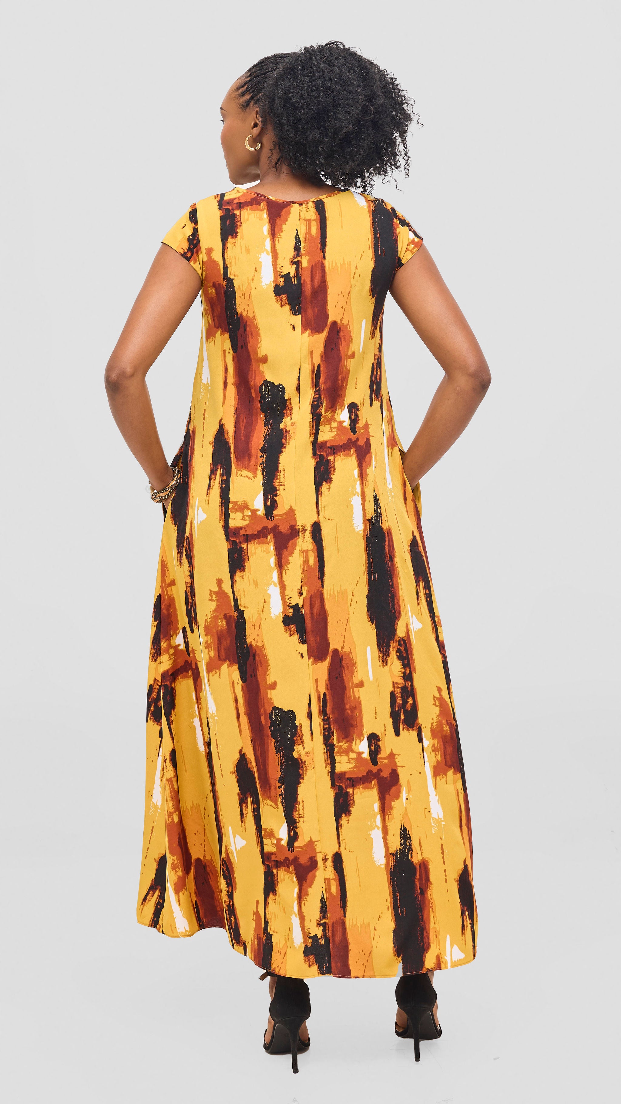 Vivo Basic Cap Sleeve Maxi Tent Dress - Mustard / Black Print