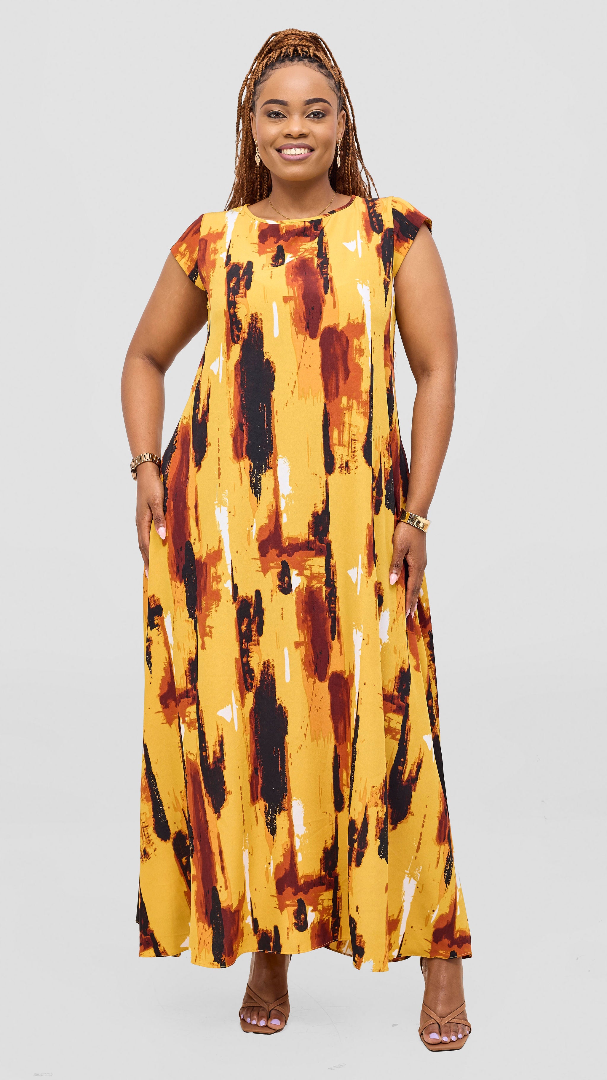 Vivo Basic Cap Sleeve Maxi Tent Dress - Mustard / Black Print
