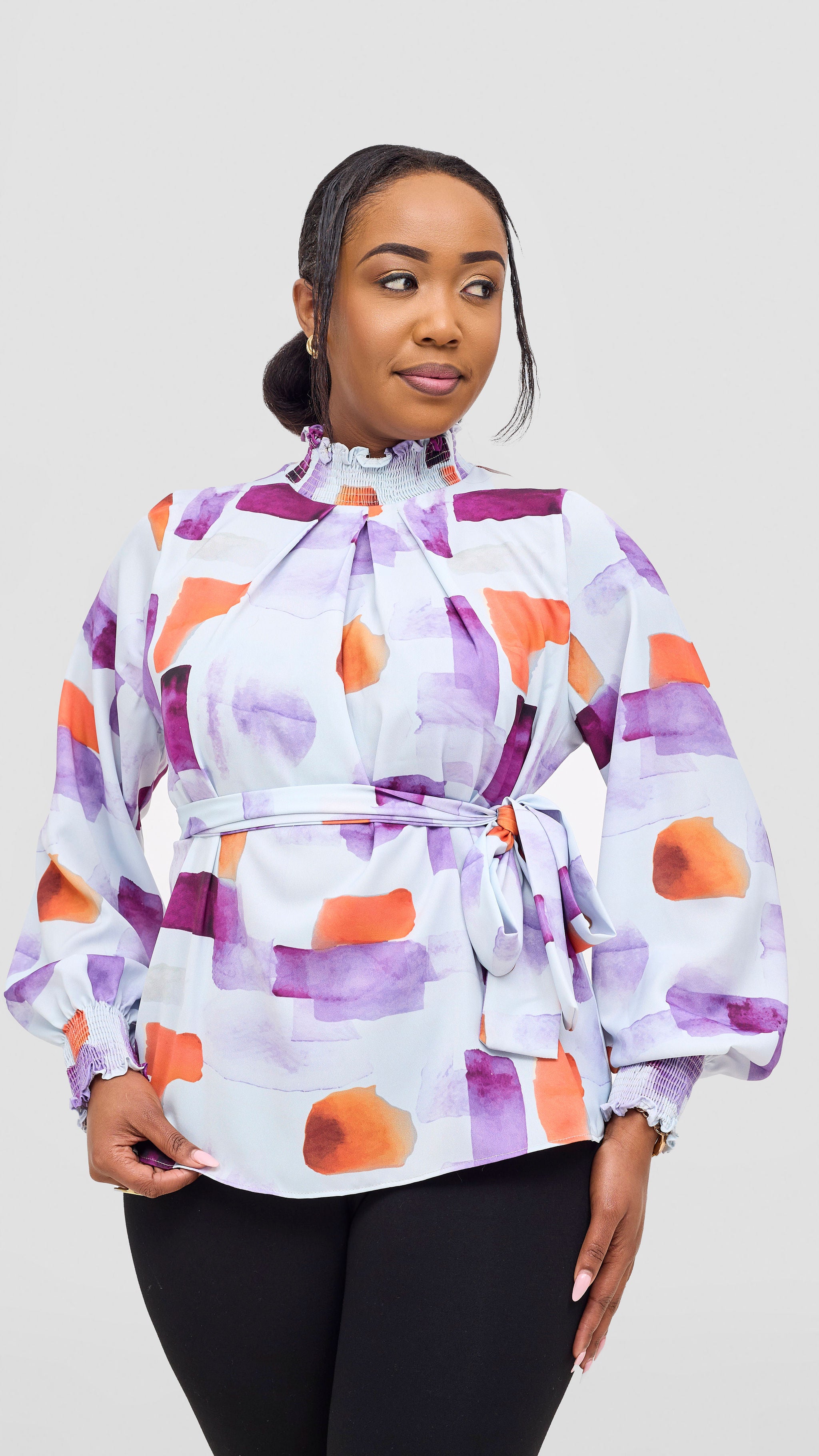 Vivo Ayah Bishop Sleeve Mock Neck Top - Lilac / Orange Zani Print