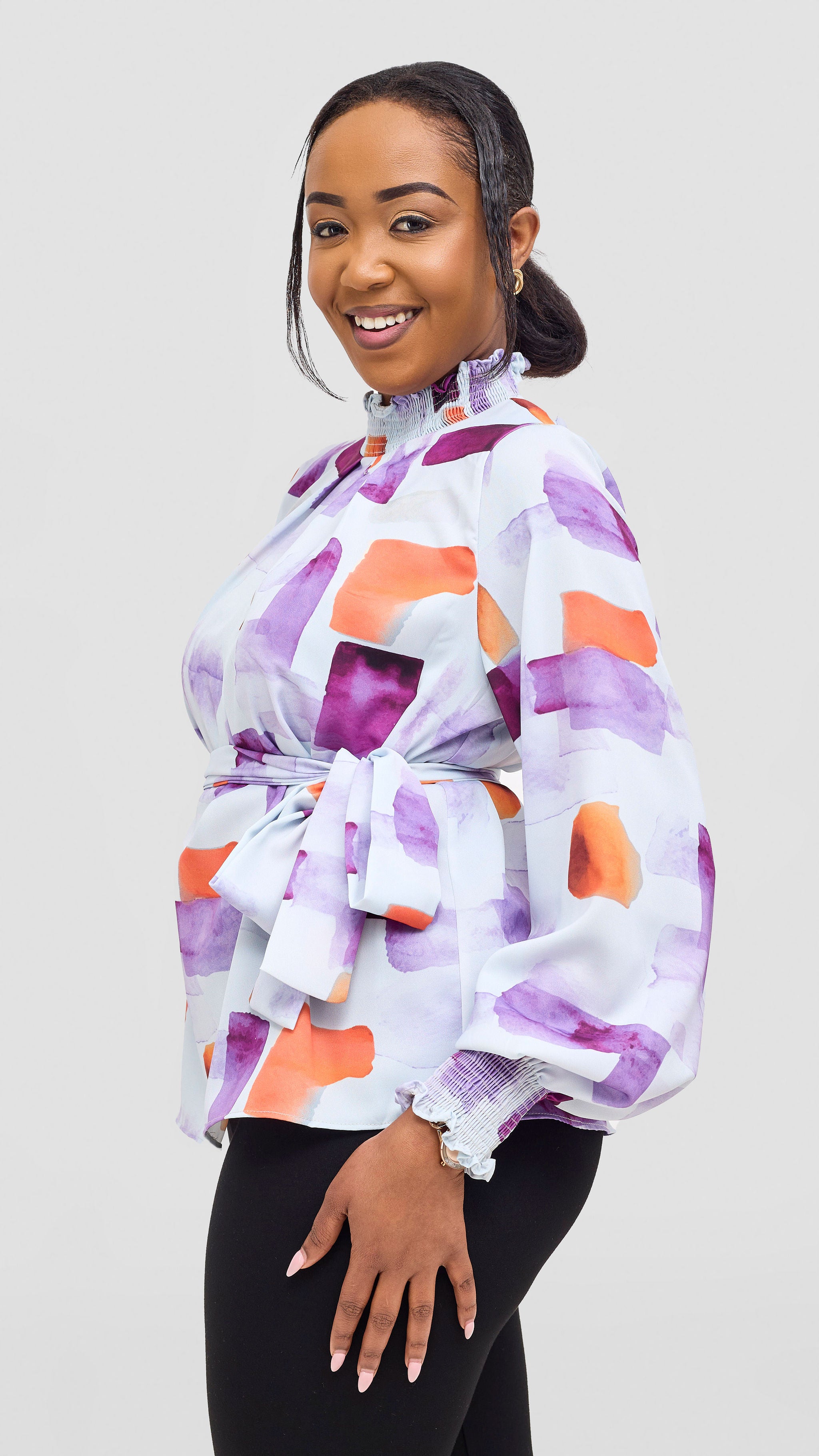 Vivo Ayah Bishop Sleeve Mock Neck Top - Lilac / Orange Zani Print