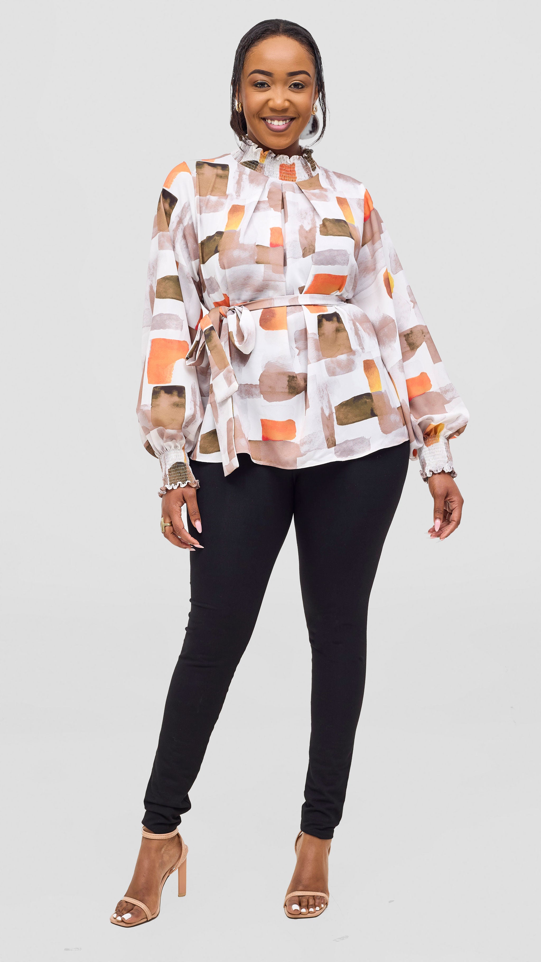 Vivo Ayah Bishop Sleeve Mock Neck Top - Taupe / Orange Zani Print