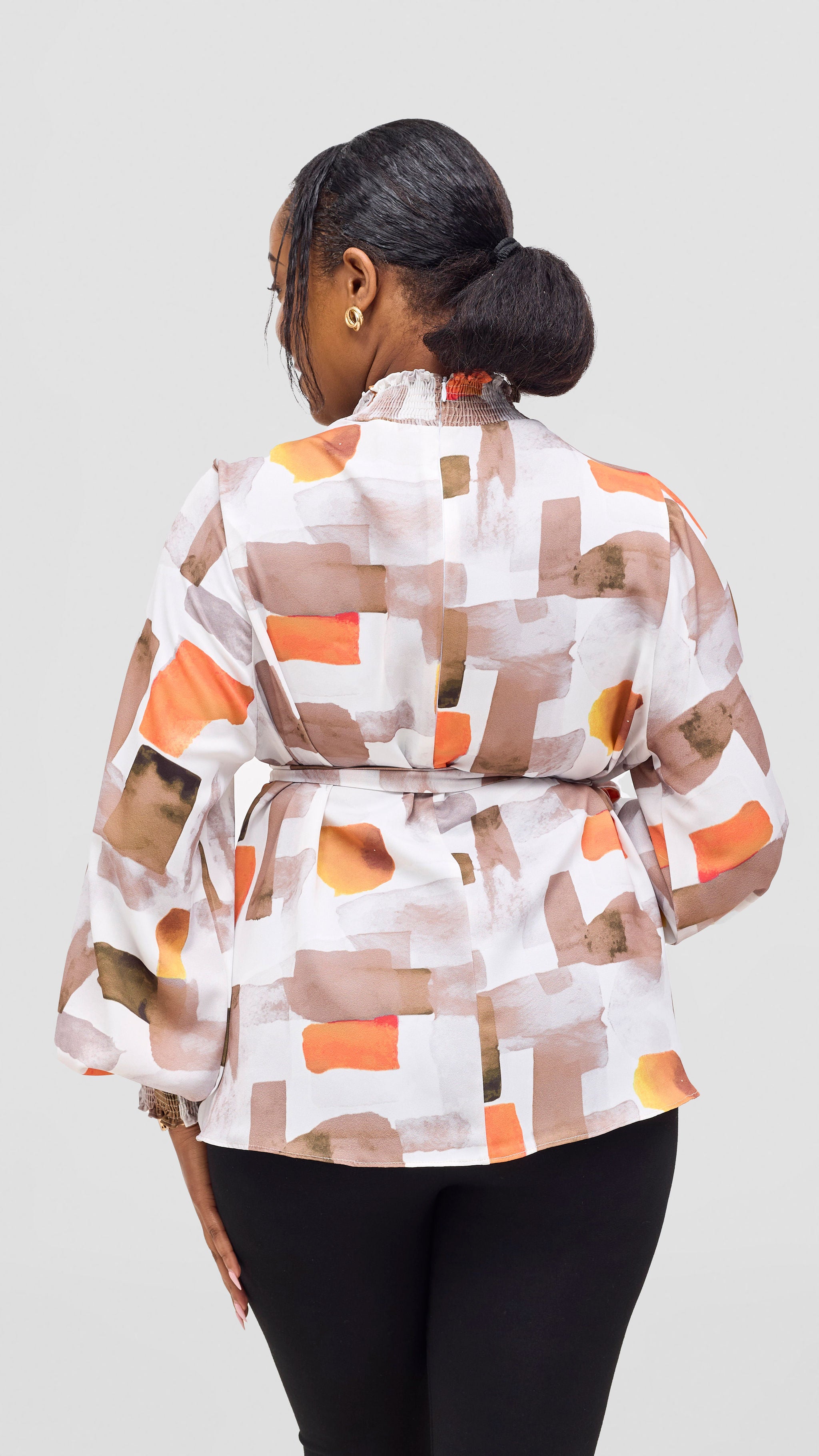Vivo Ayah Bishop Sleeve Mock Neck Top - Taupe / Orange Zani Print
