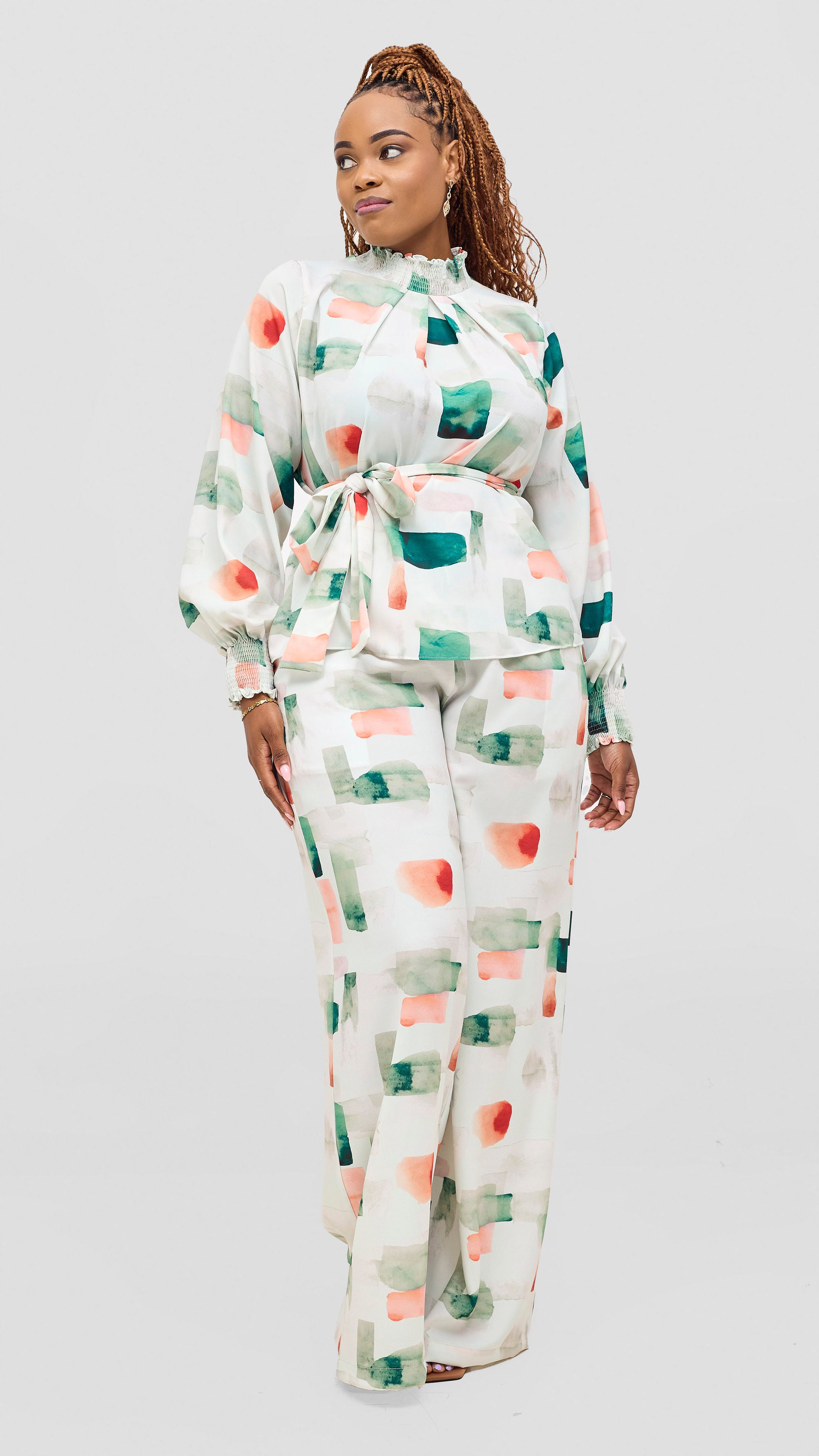 Vivo Ayah Bishop Sleeve Mock Neck Top - Green / Peach Zani Print