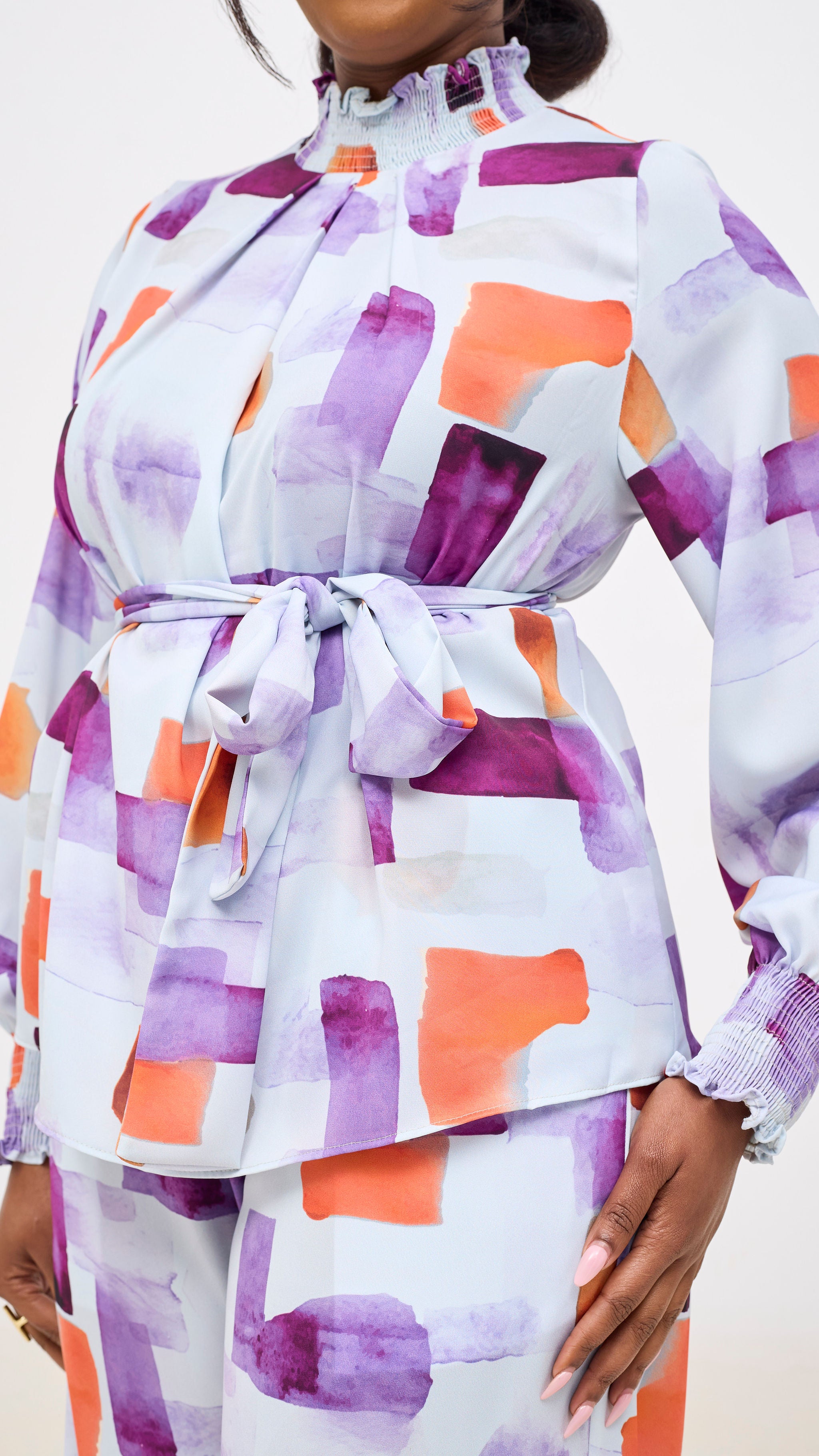 Vivo Ayah Bishop Sleeve Mock Neck Top - Lilac / Orange Zani Print