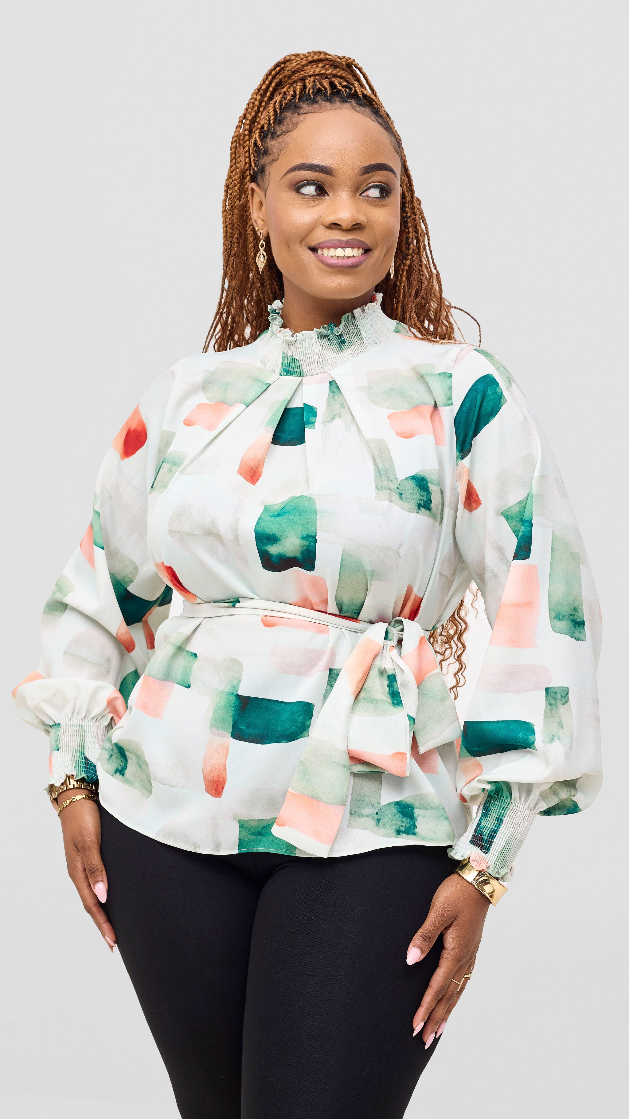 Vivo Ayah Bishop Sleeve Mock Neck Top - Green / Peach Zani Print