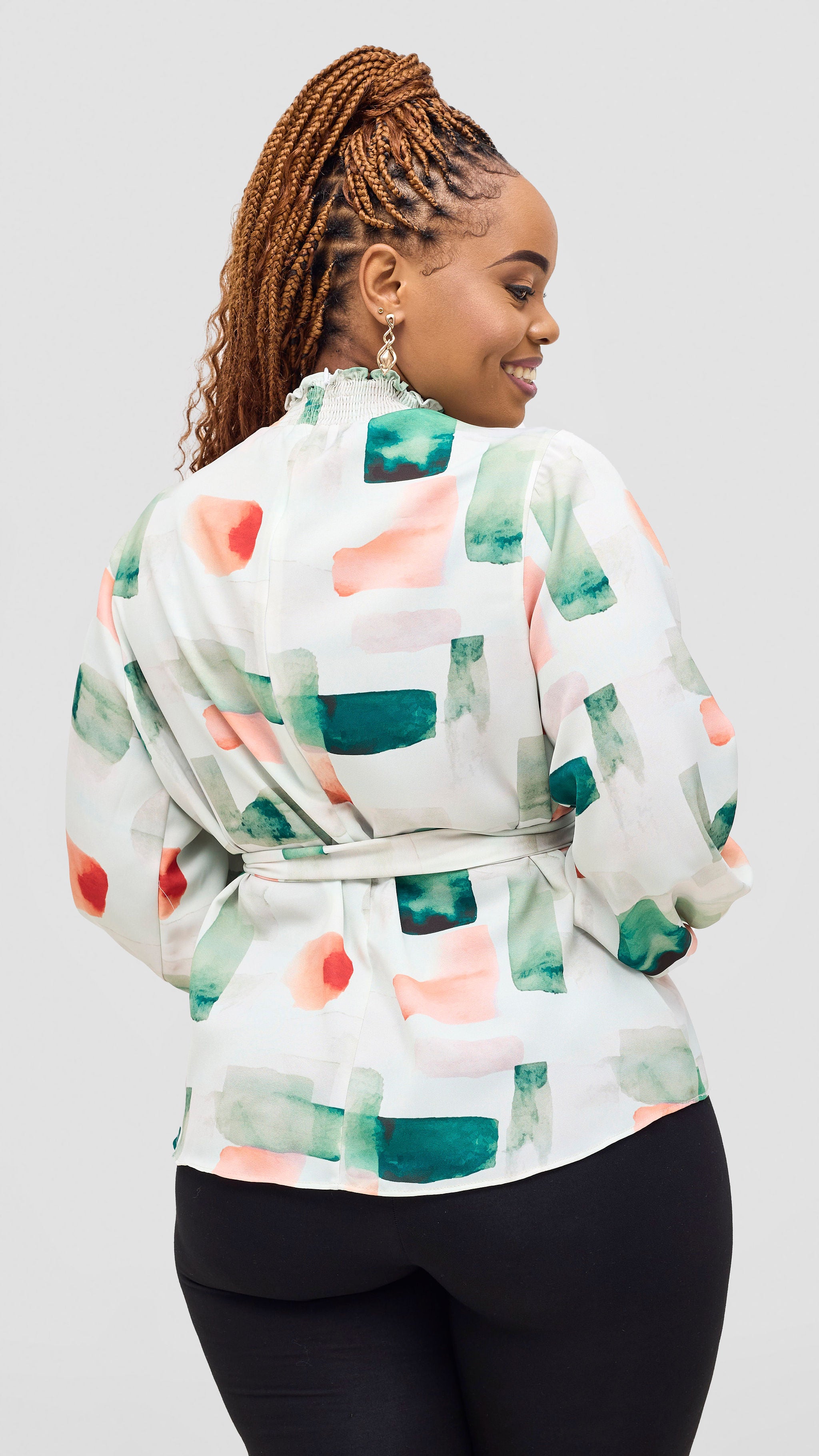 Vivo Ayah Bishop Sleeve Mock Neck Top - Green / Peach Zani Print