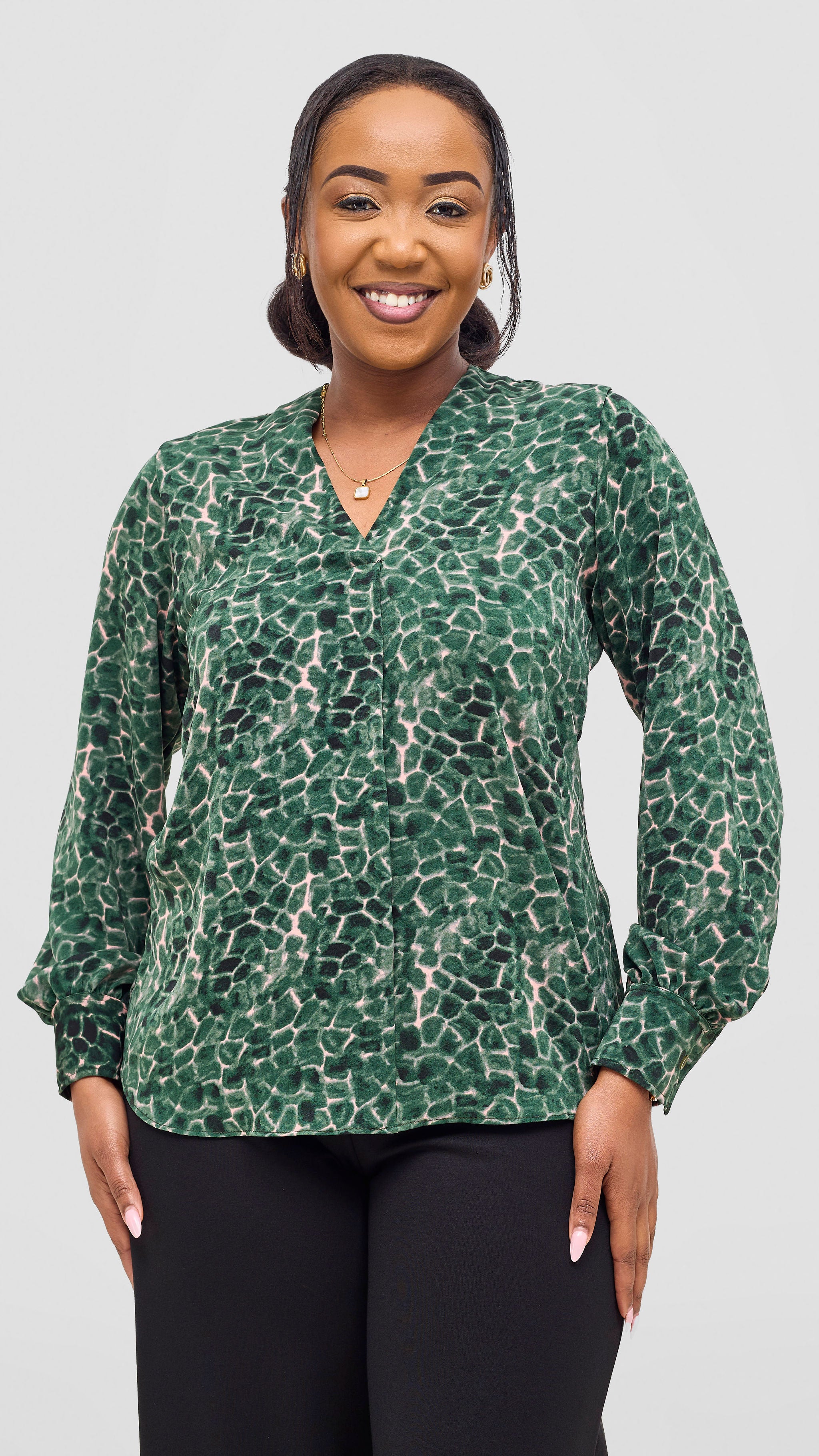 Vivo Ajani V-Neck Top - Green / Pink Print