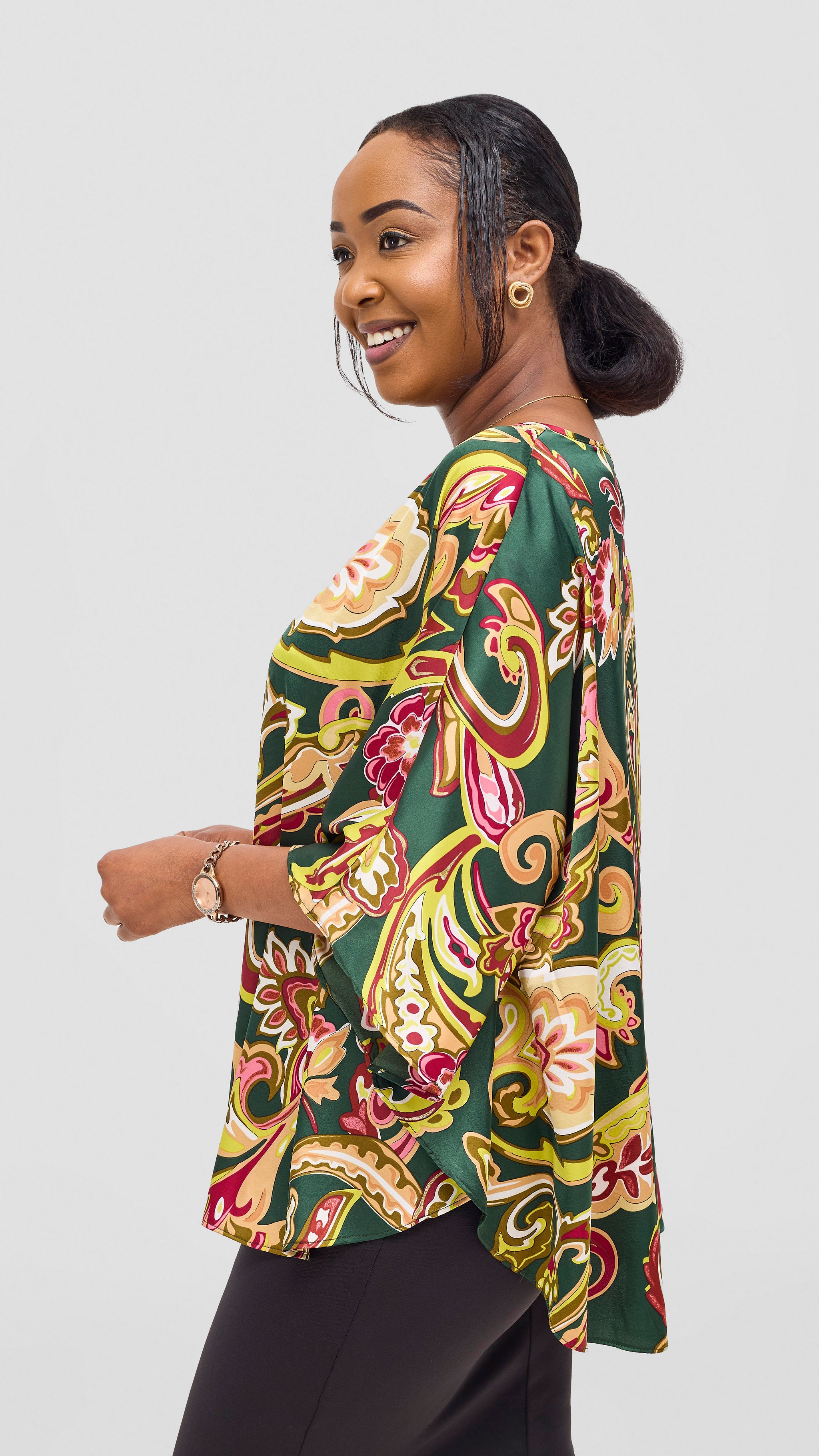 Vivo Keza Circular Loose Top - Dark Green / Hunters Print