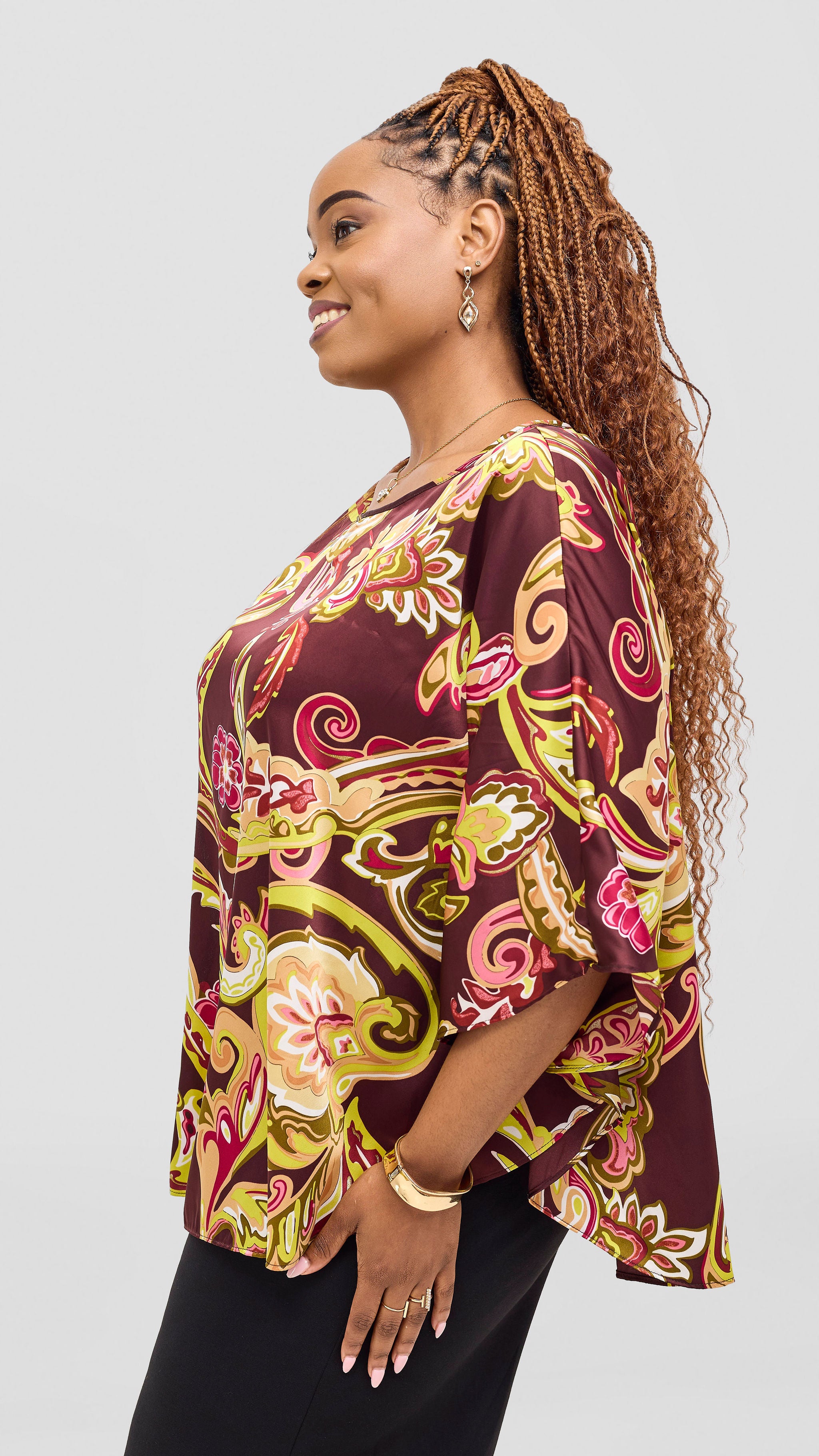 Vivo Keza Circular Loose Top -Burgundy / Tan Print