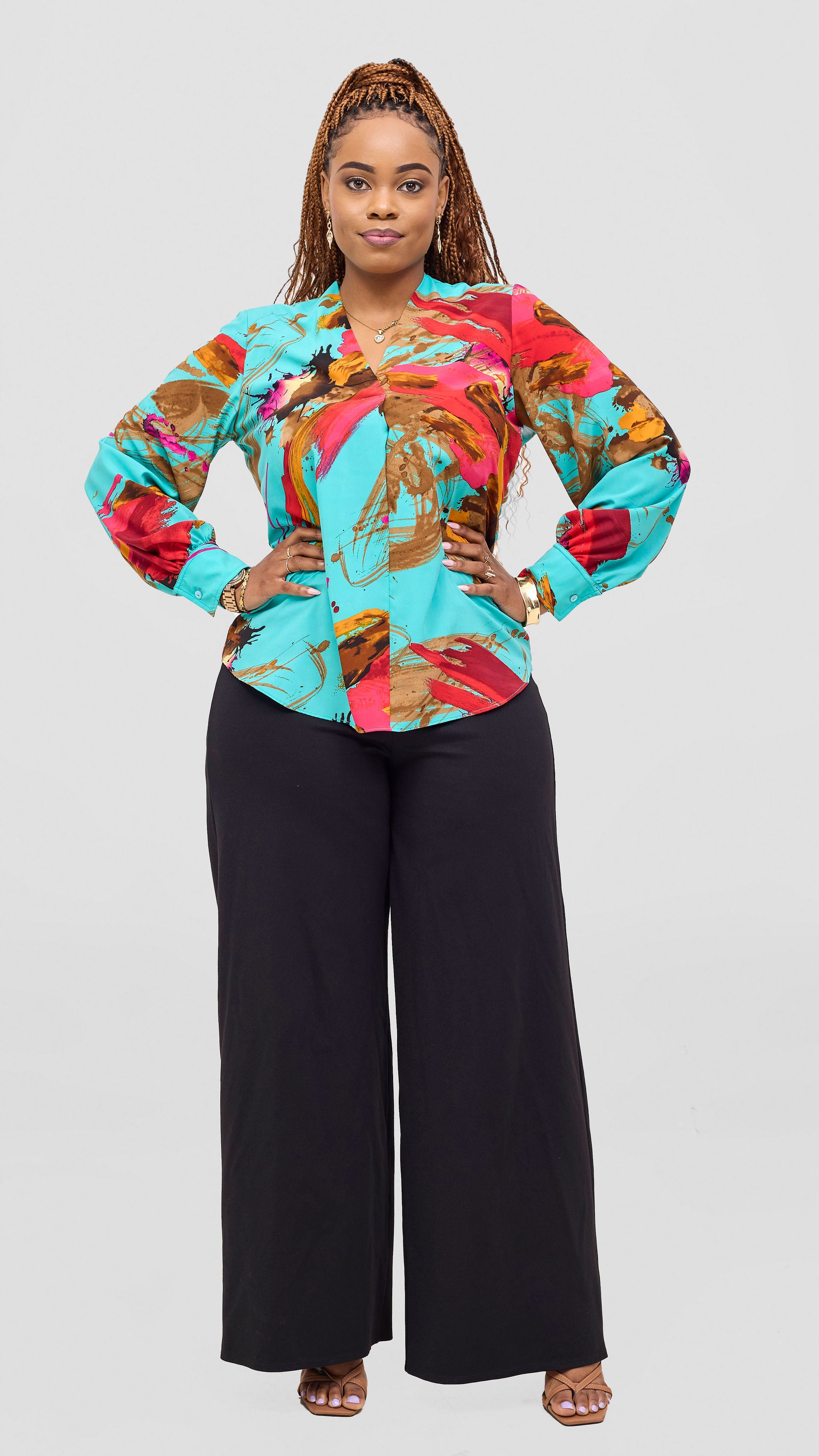 Vivo Ajani V-Neck Top - Sea Green / Orange Print