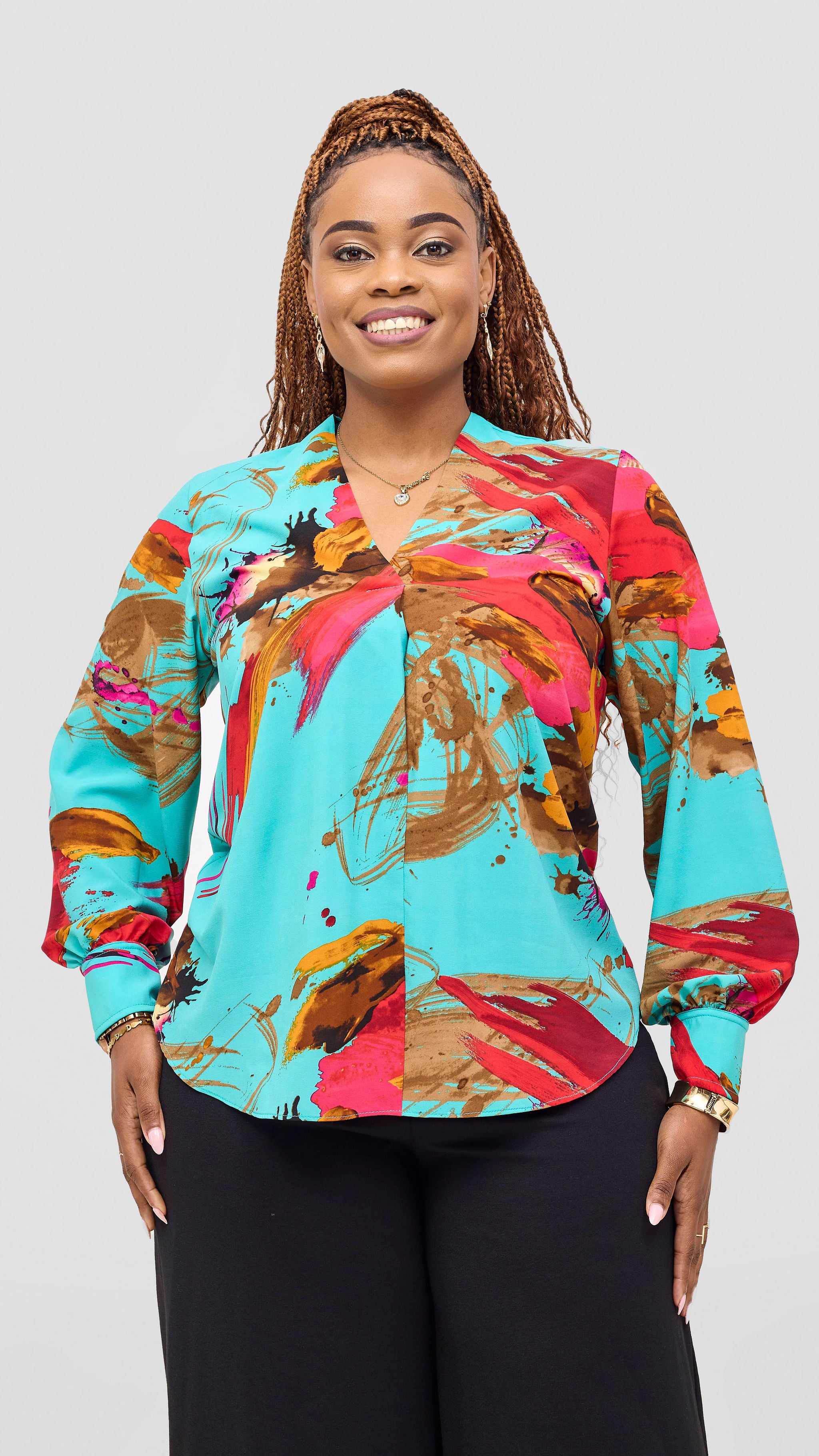 Vivo Ajani V-Neck Top - Sea Green / Orange Print