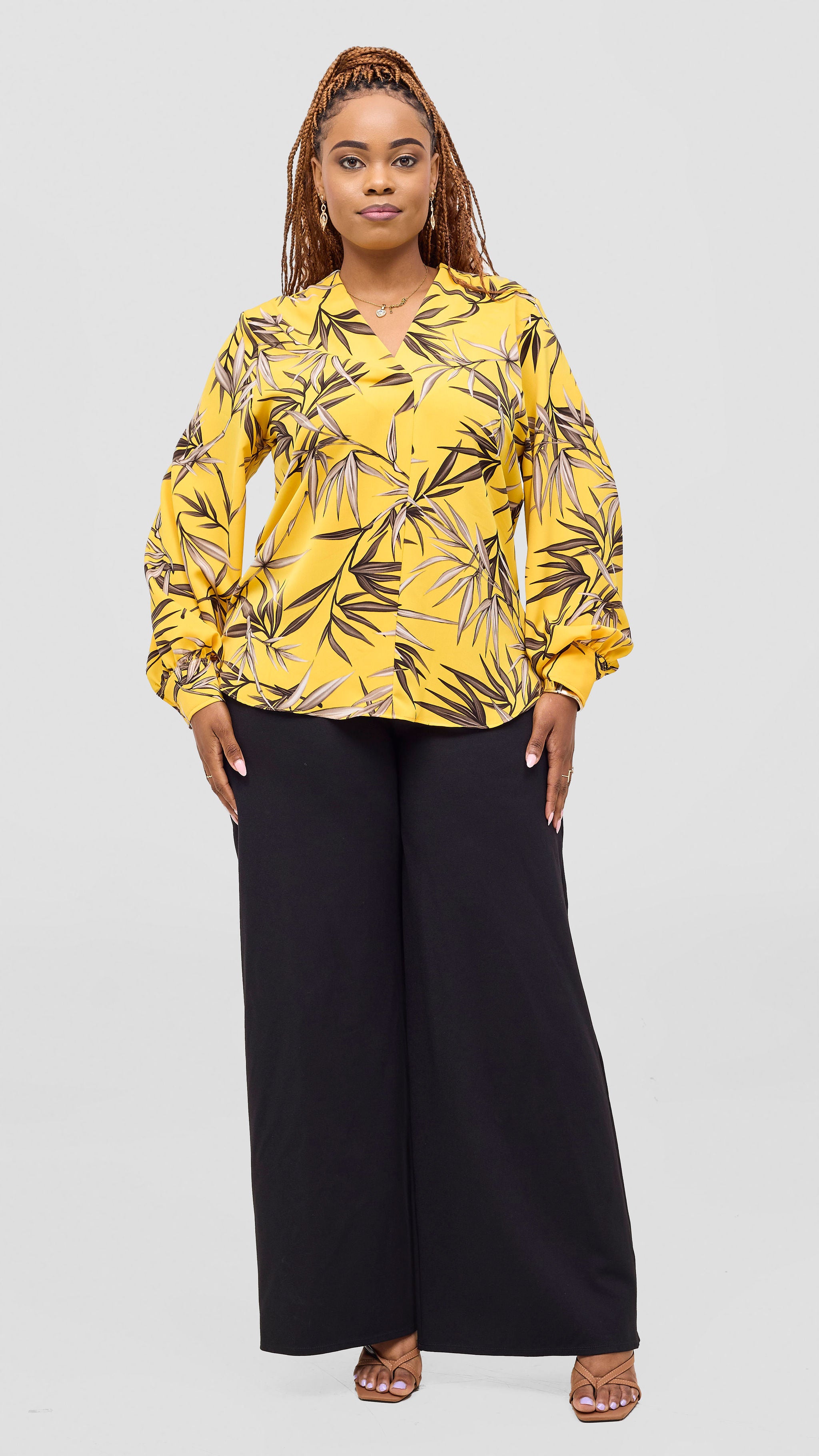 Vivo Ajani V Neck Top - Yellow / Grey Print
