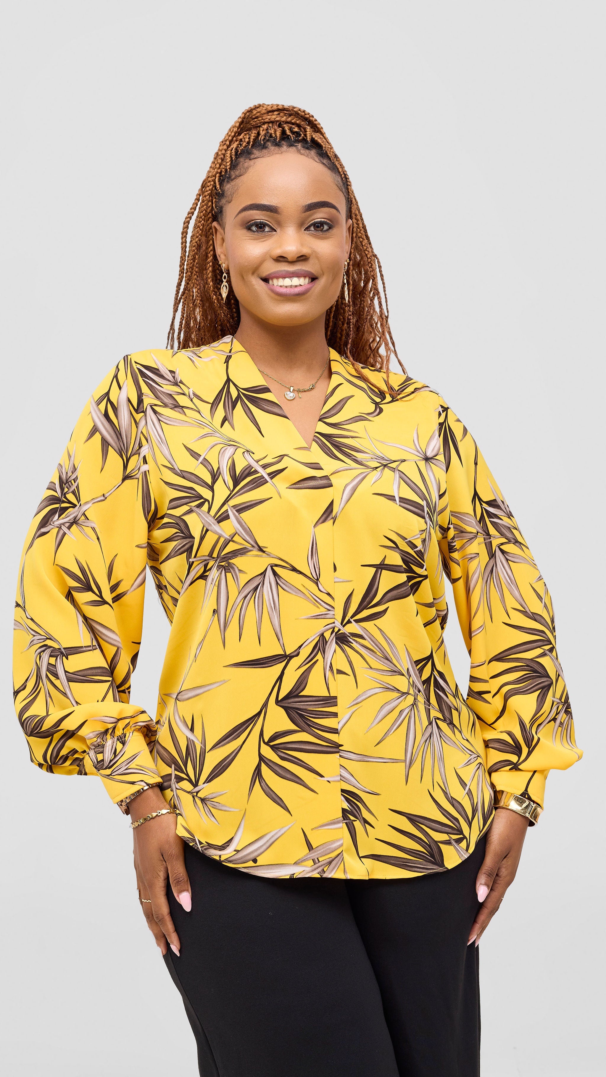 Vivo Ajani V Neck Top - Yellow / Grey Print