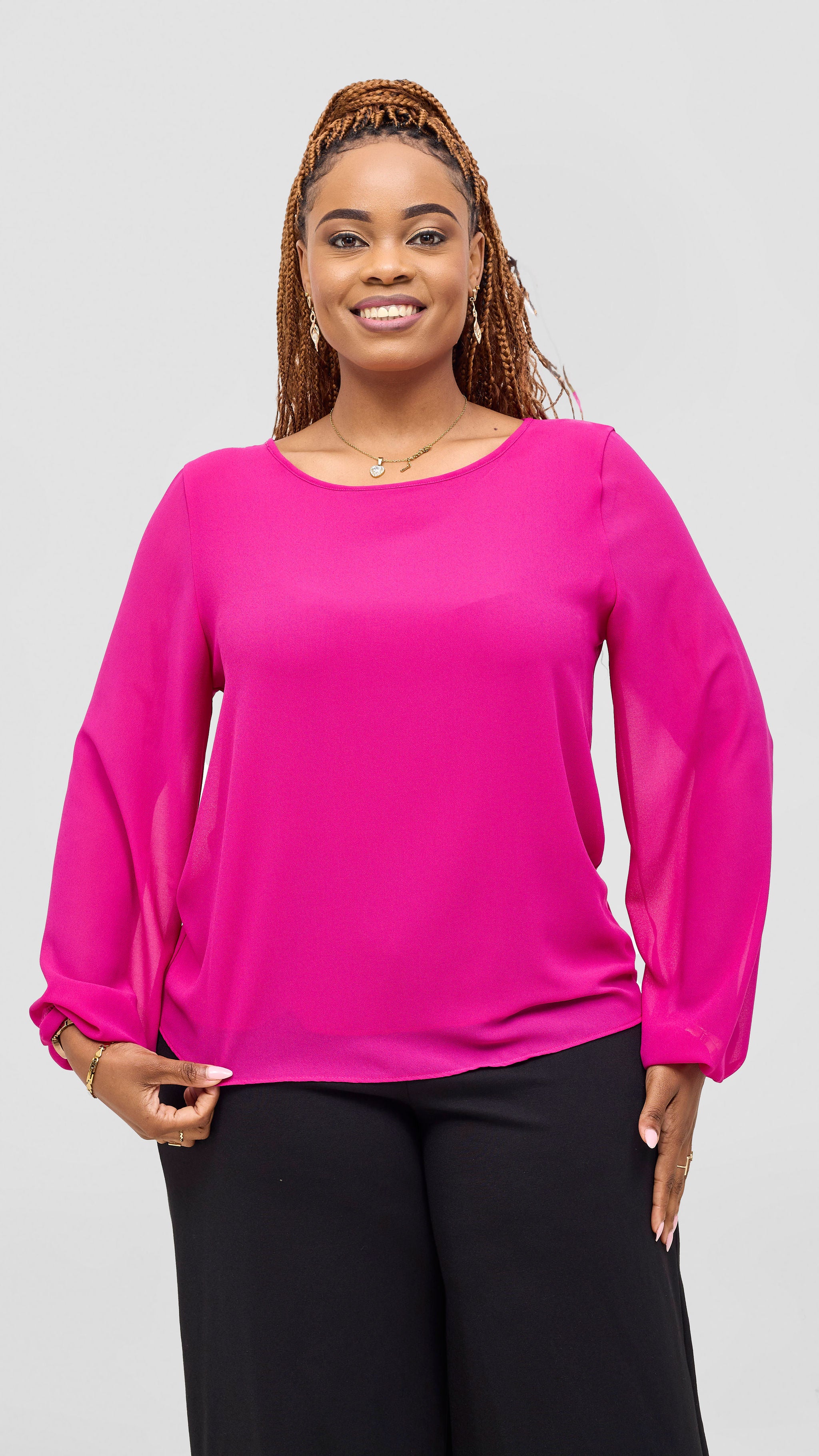 Vivo Basic Chiffon Bishop Sleeve Top (Double Layered) - Magenta