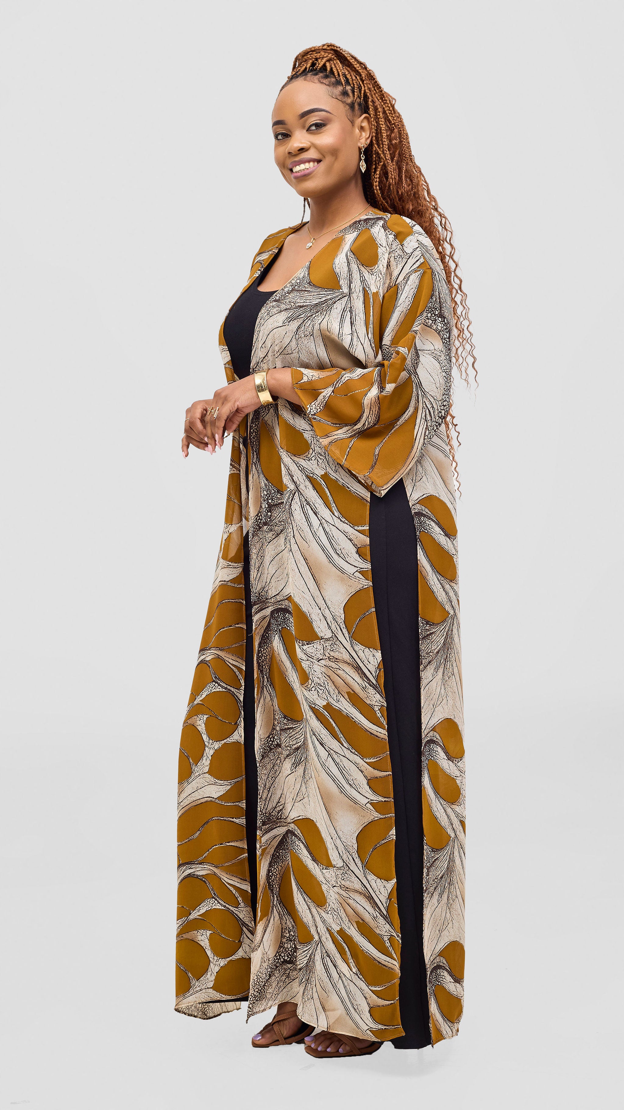 Vivo Nandi High Slit Kimono - Tan / Gold Print