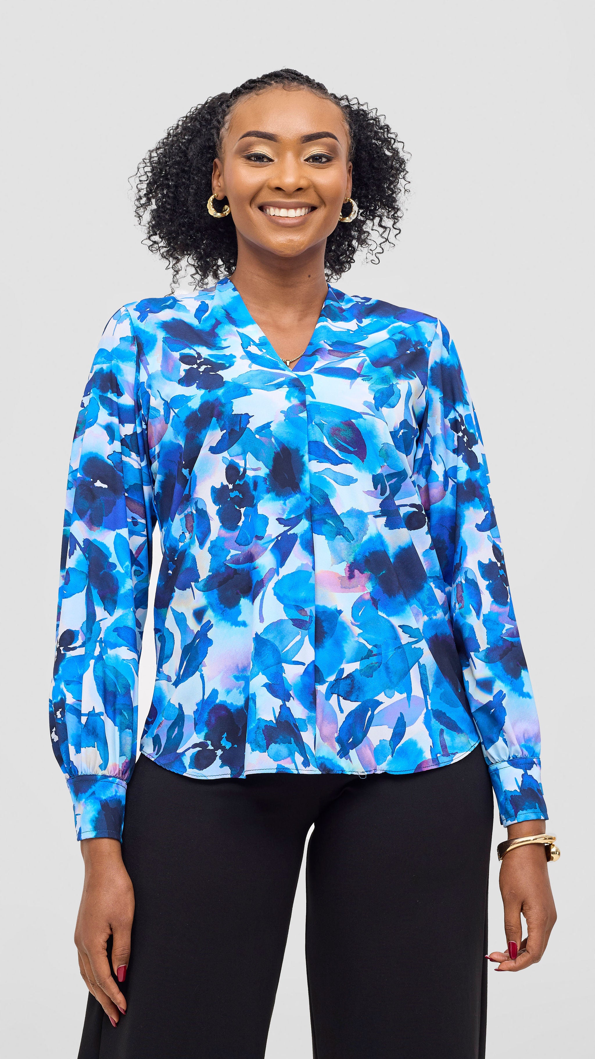 Vivo Ajani V-Neck Top - Multi-Blue Print