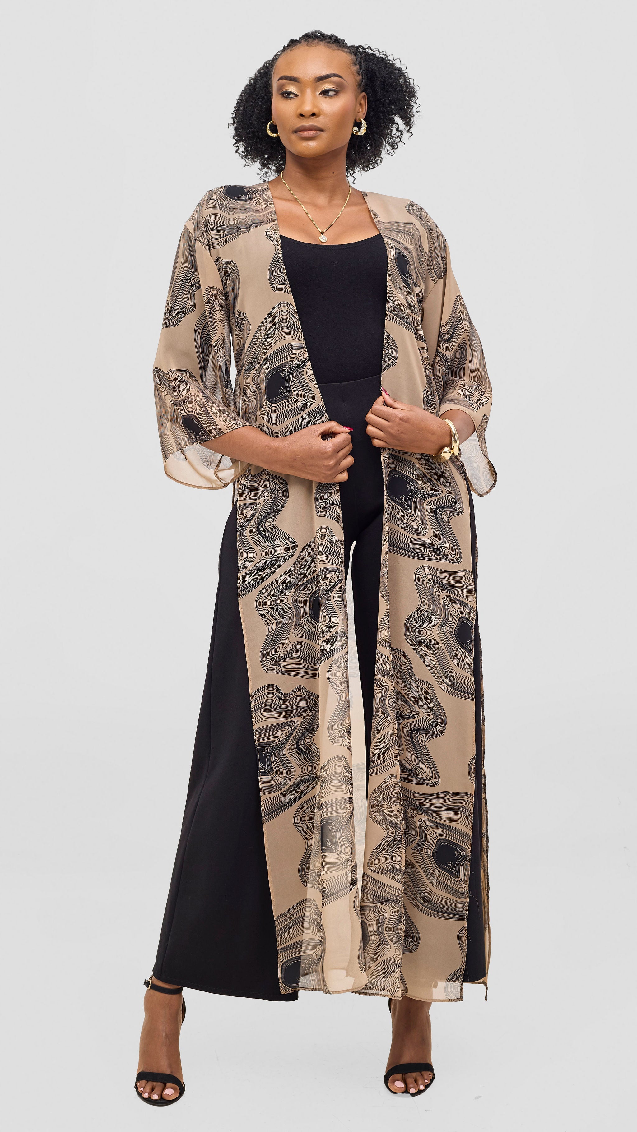 Vivo Nandi High Slit Kimono - Light Tan / Black Print