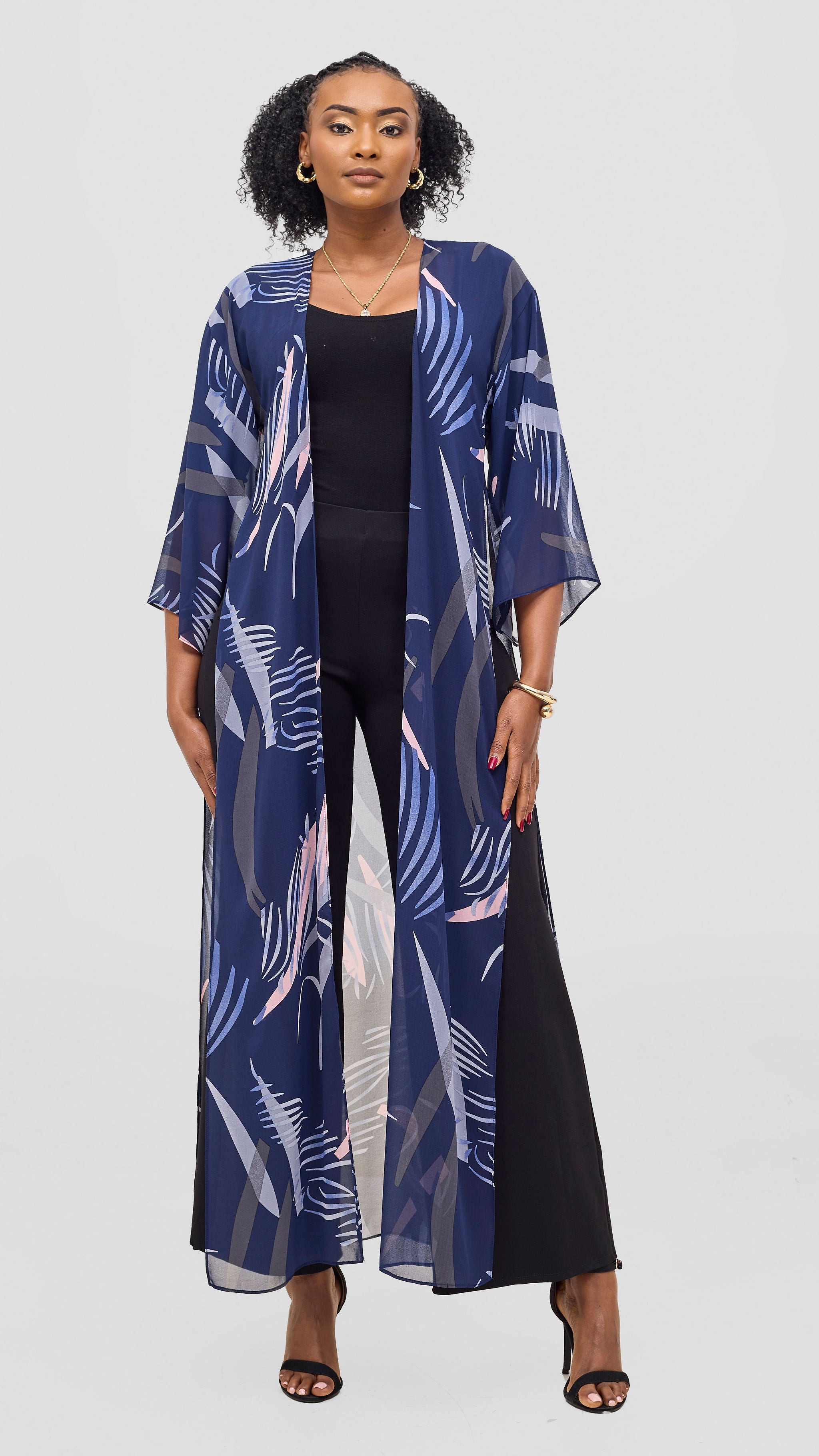Vivo Nandi High Slit Kimono - Navy / Grey Print