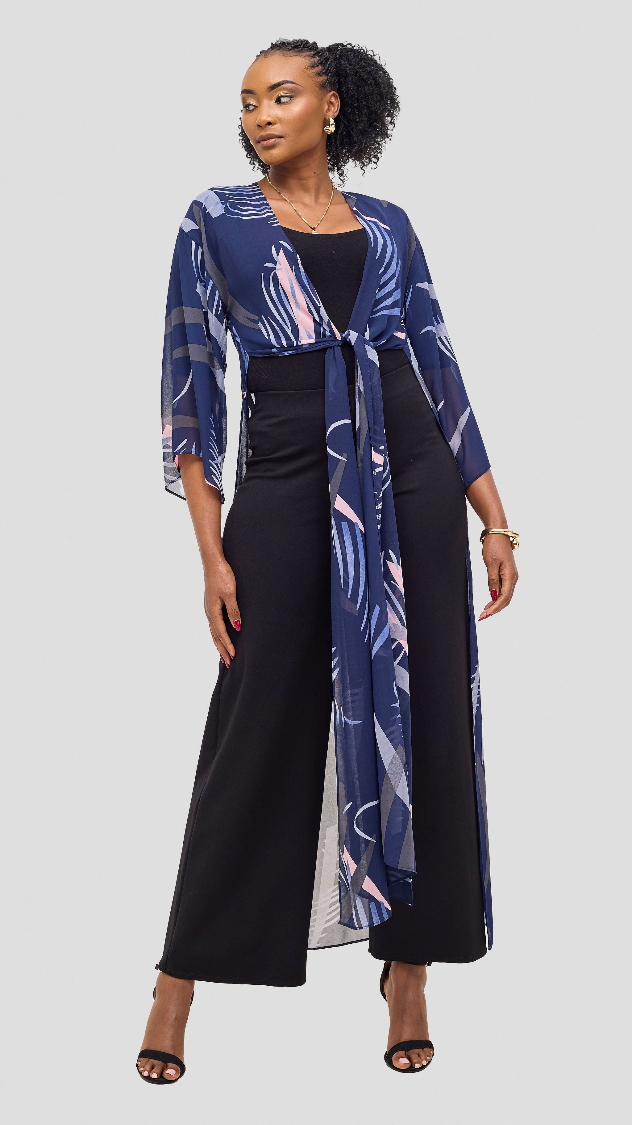 Vivo Nandi High Slit Kimono - Navy / Grey Print