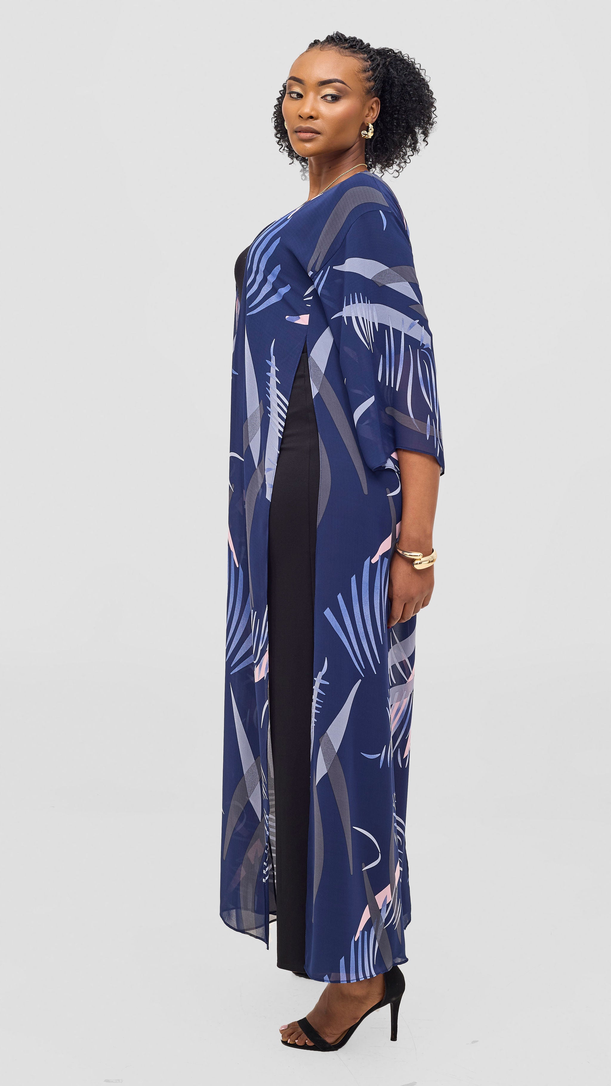 Vivo Nandi High Slit Kimono - Navy / Grey Print