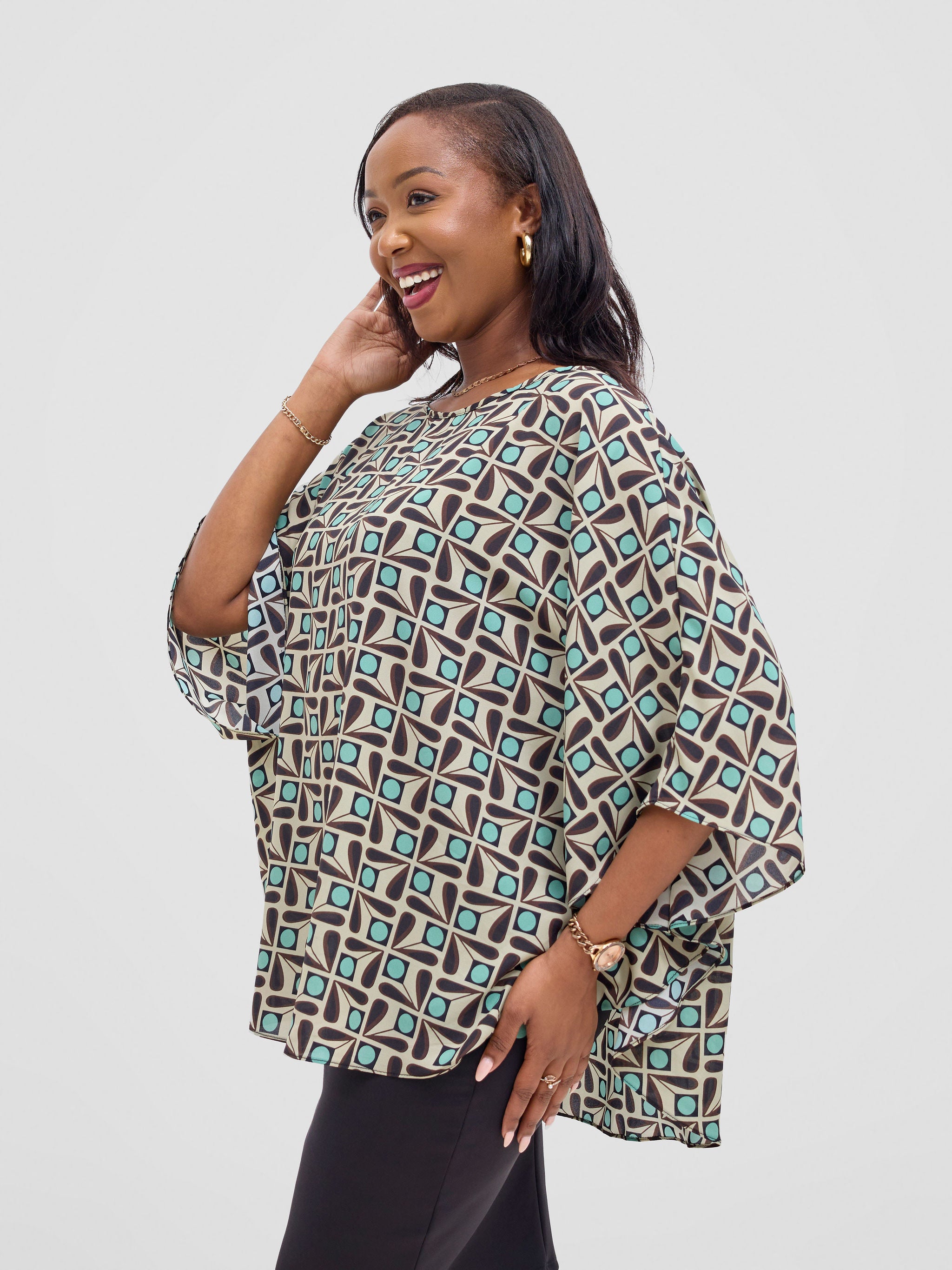 Vivo Sakari Circular Loose Top - Beige / Blue Print