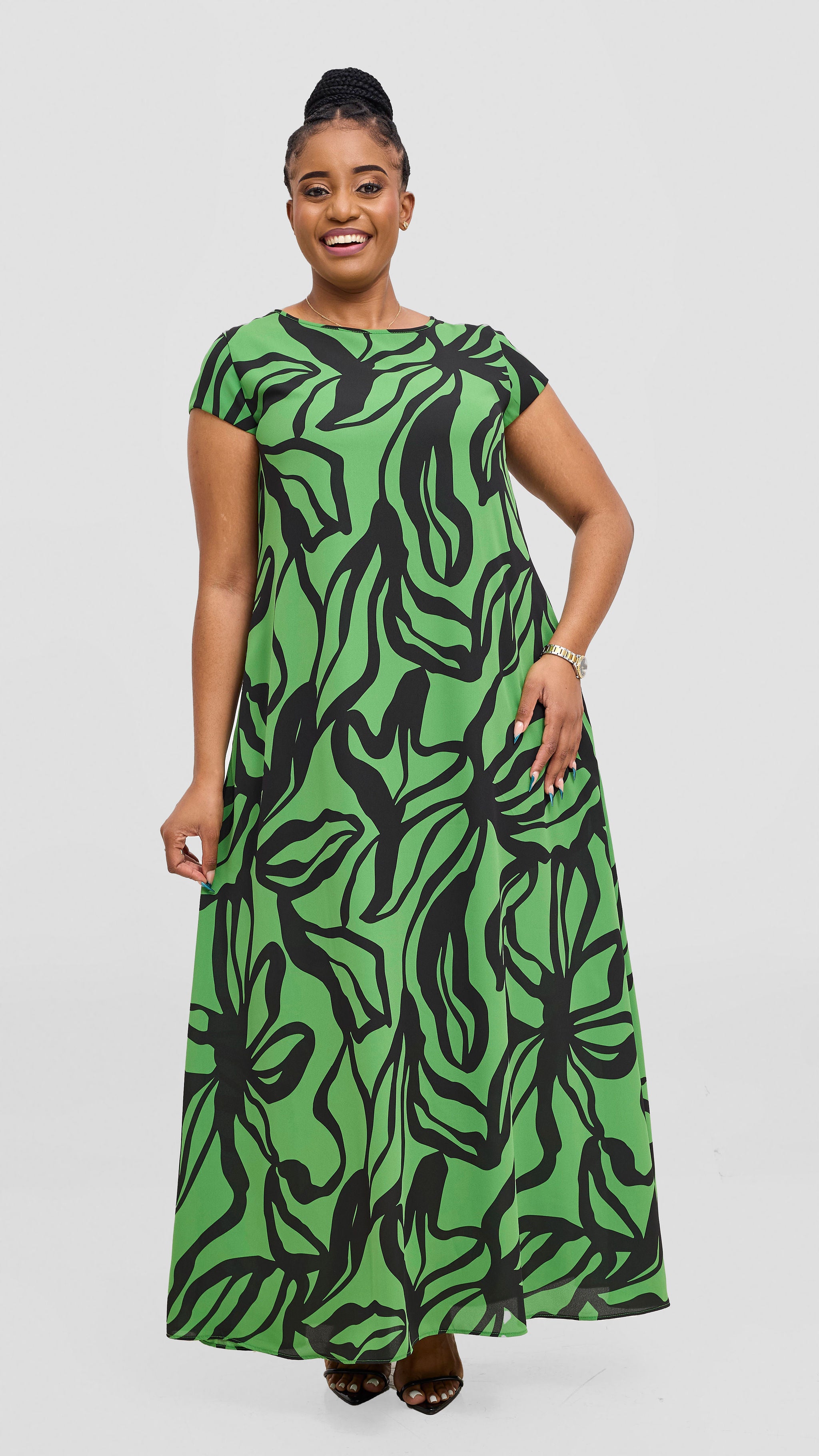 Vivo Basic Cap Sleeve Chiffon Maxi Dress - Green / Black Nitai Print