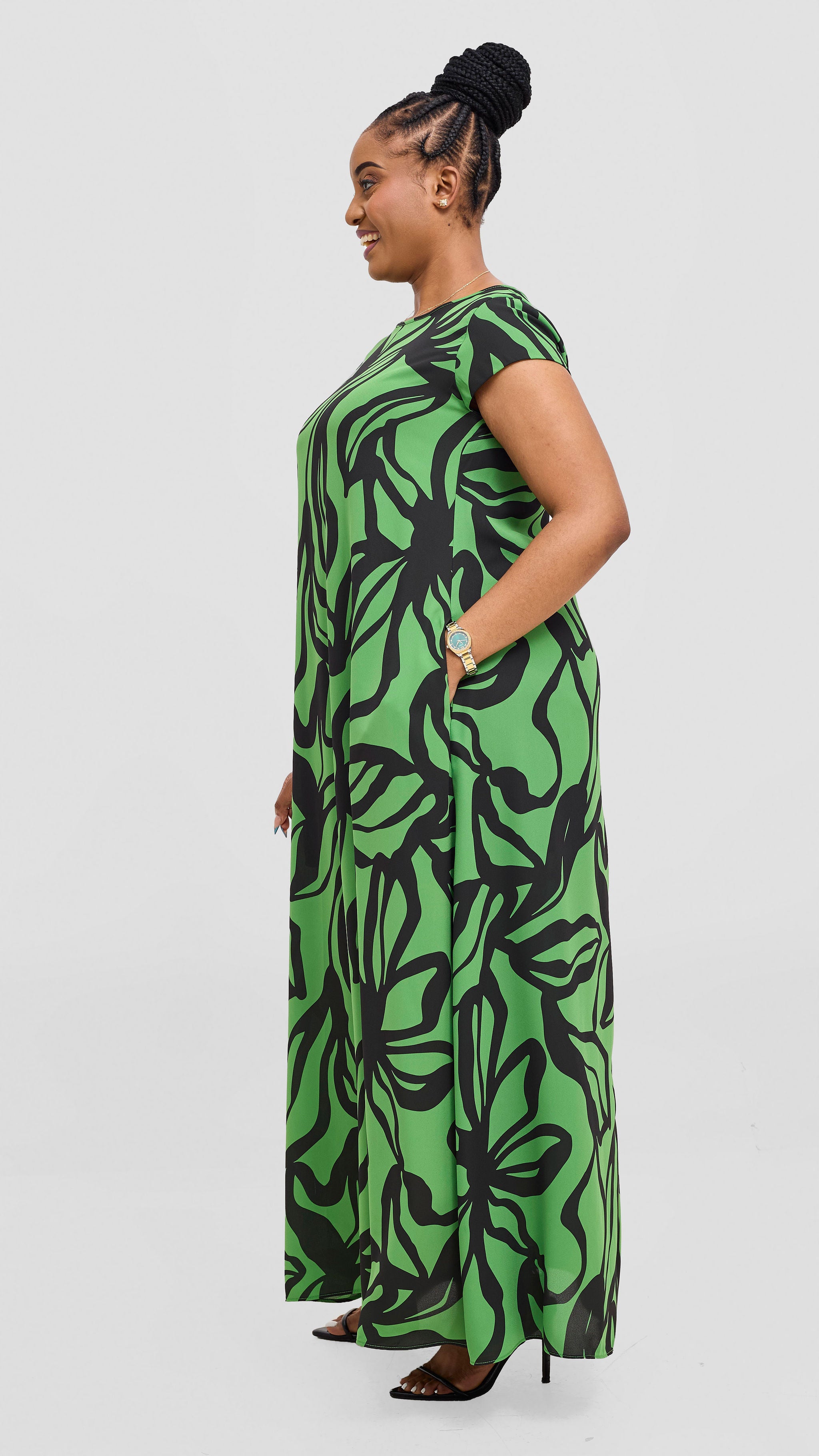 Vivo Basic Cap Sleeve Chiffon Maxi Dress - Green / Black Nitai Print