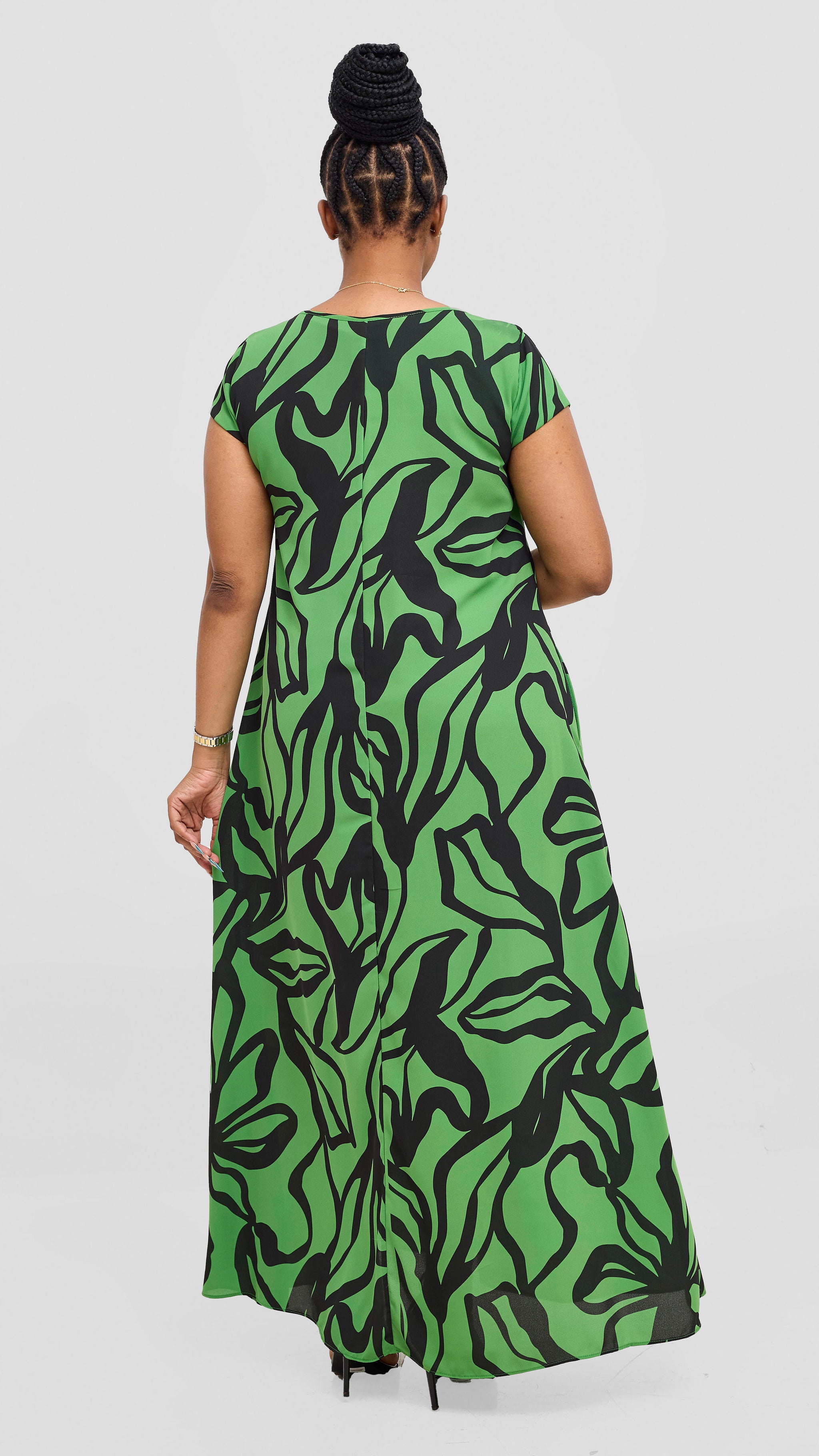 Vivo Basic Cap Sleeve Chiffon Maxi Dress - Green / Black Nitai Print