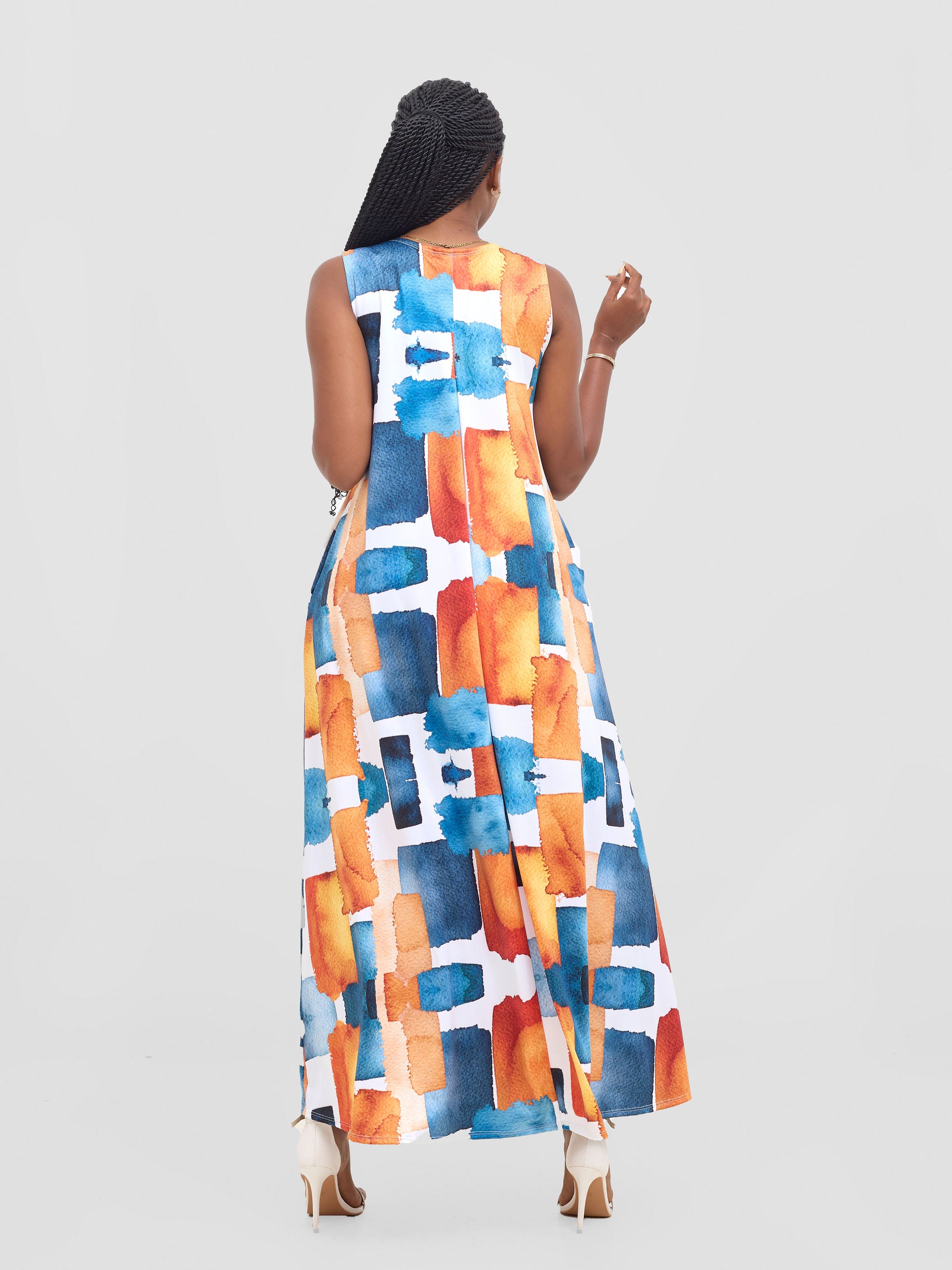 Vivo Lumi Back Pleat Maxi Dress - Orange / Teal Wenzi Print