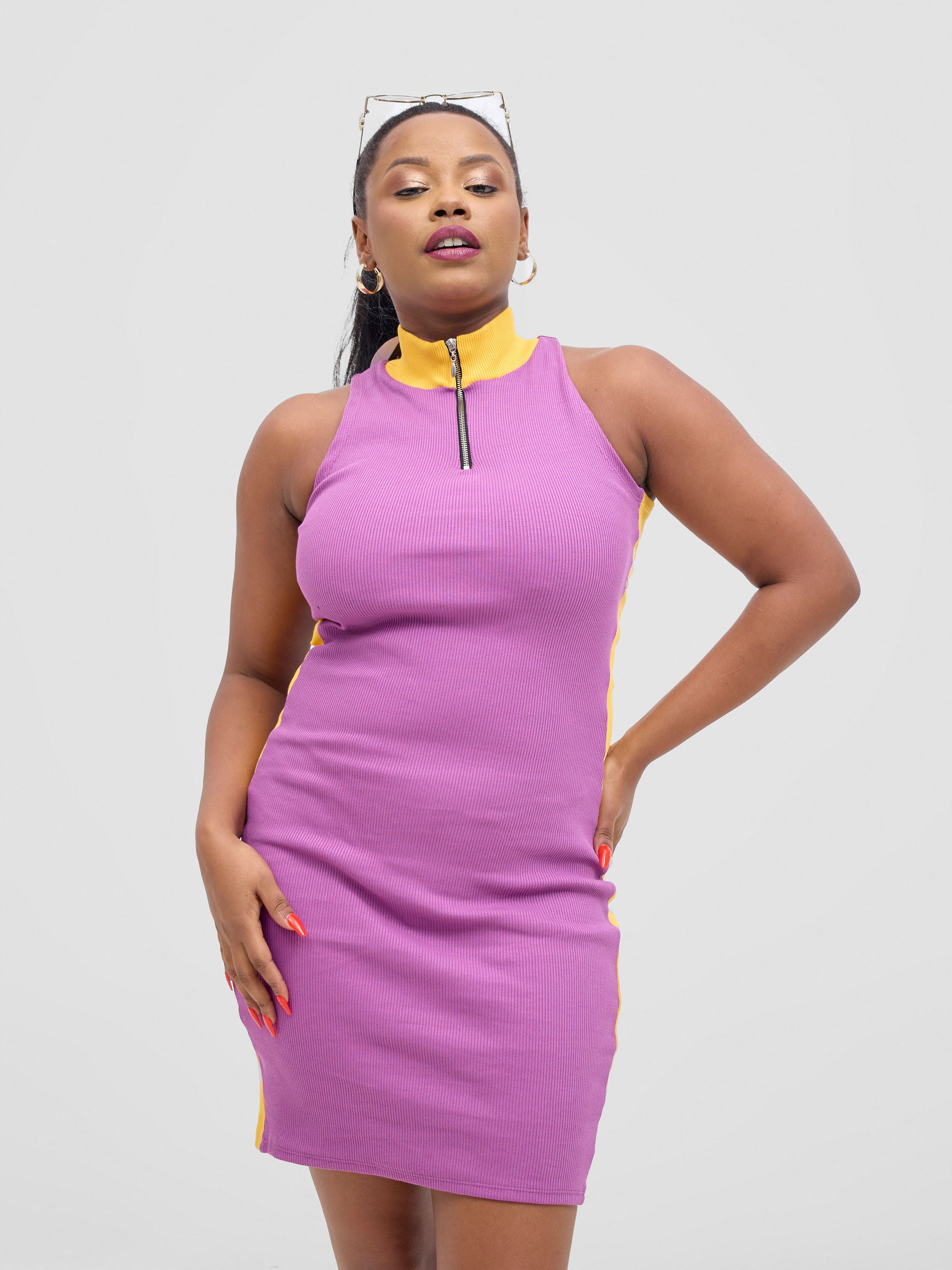 Zoya Vasha Sleeveless Turtleneck Mini Bodycon - Purple / Yellow