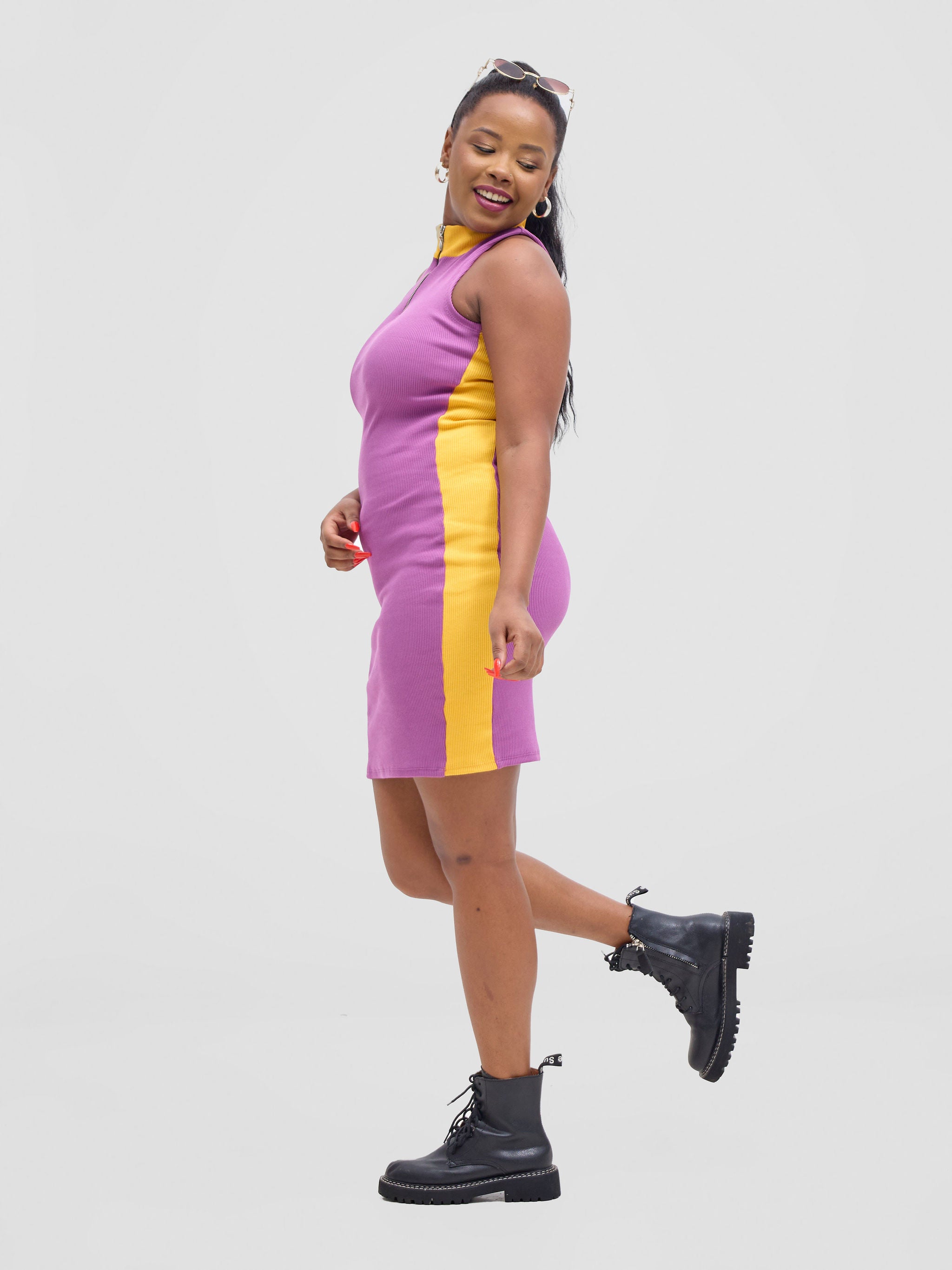 Zoya Vasha Sleeveless Turtleneck Mini Bodycon - Purple / Yellow
