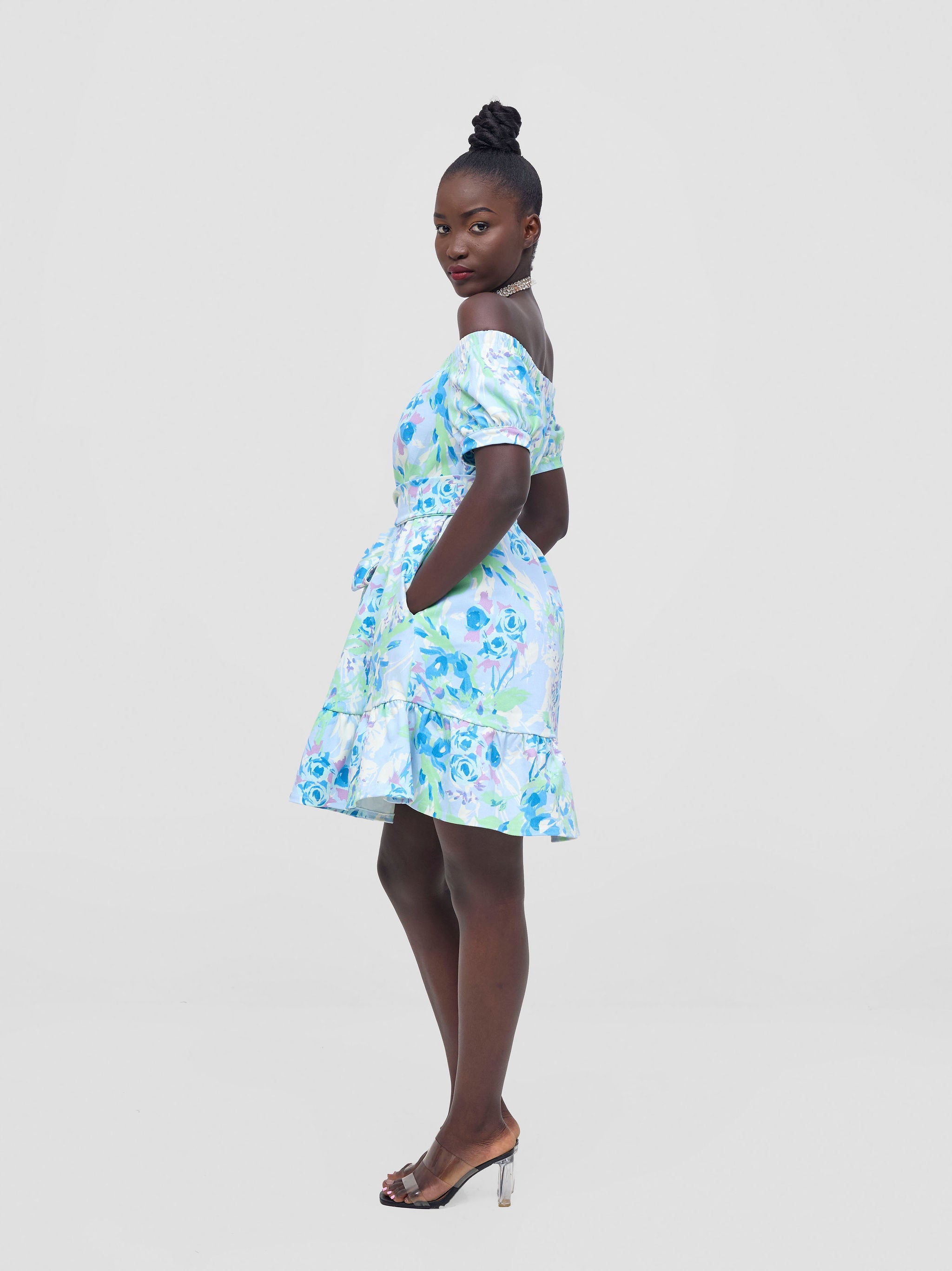 Zoya Nia Off Shoulder Knee Length Dress - Blue / Lime Green Abstract Print