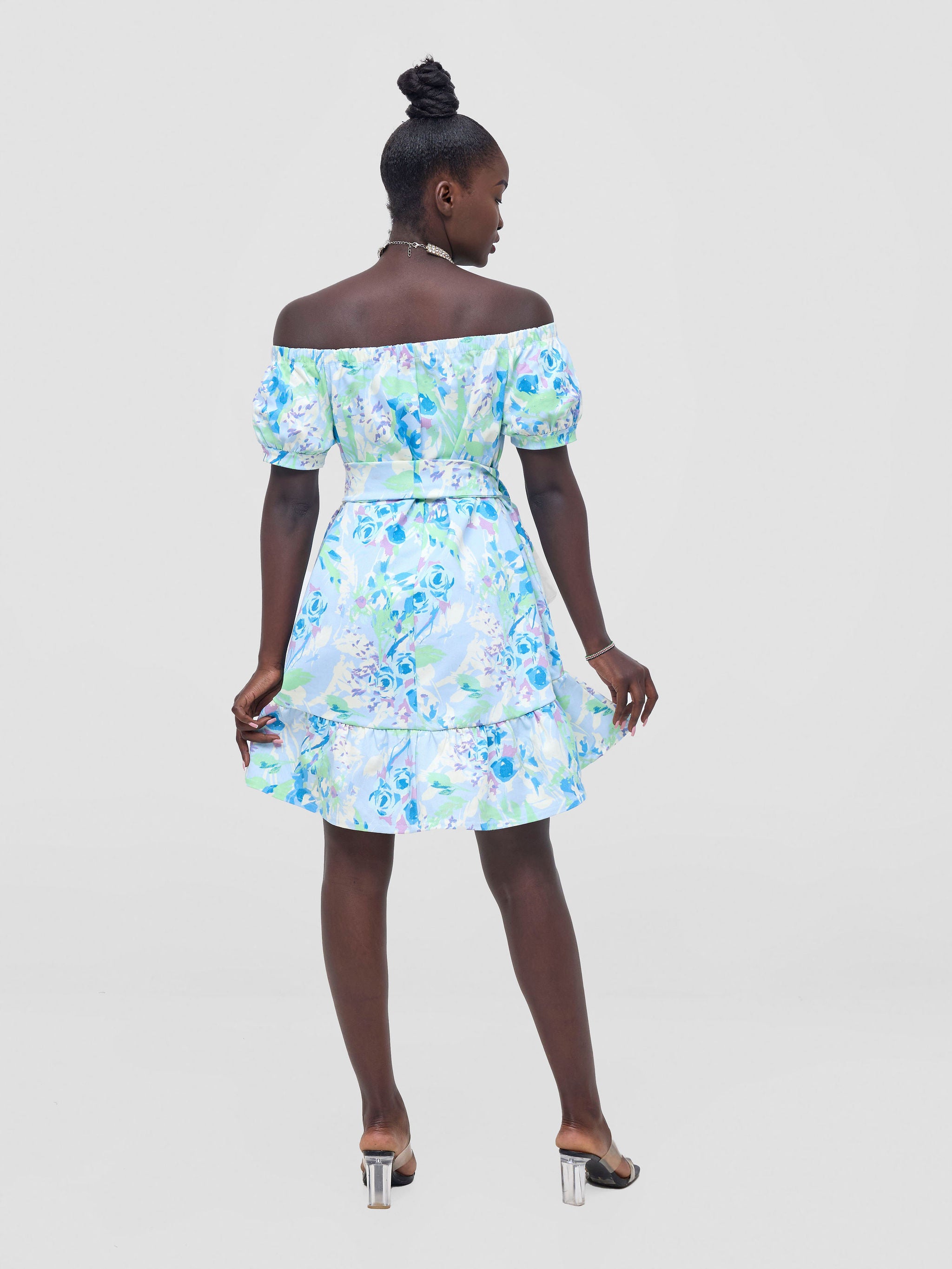 Zoya Nia Off Shoulder Knee Length Dress - Blue / Lime Green Abstract Print